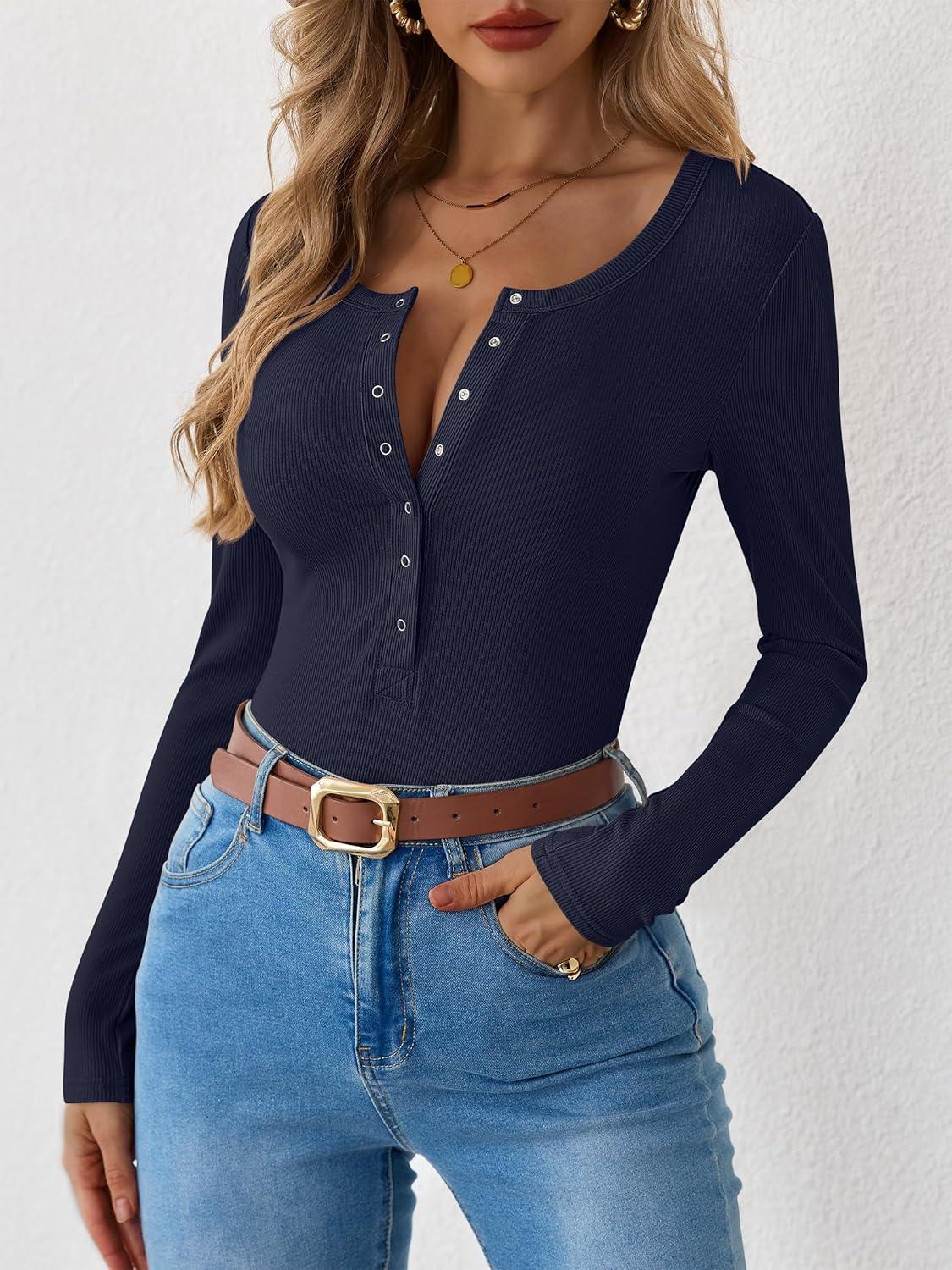imageANRABESS Long Sleeve Shirts for Women Henley Button Down Tops Ribbed Knit Slim Fit Fall Basic Tee 2025 Casual Trendy ClothesNavy Blue