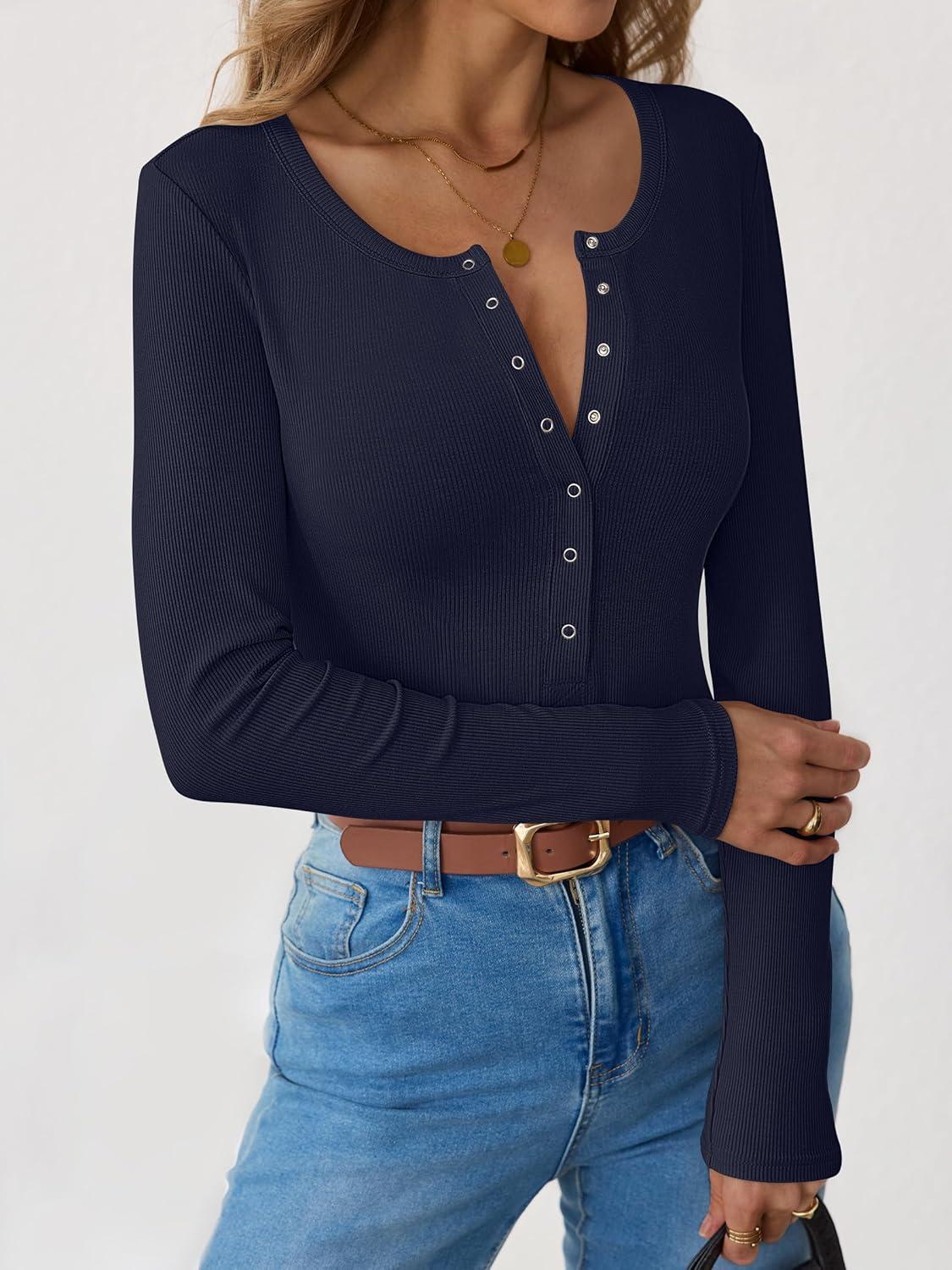 imageANRABESS Long Sleeve Shirts for Women Henley Button Down Tops Ribbed Knit Slim Fit Fall Basic Tee 2025 Casual Trendy ClothesNavy Blue