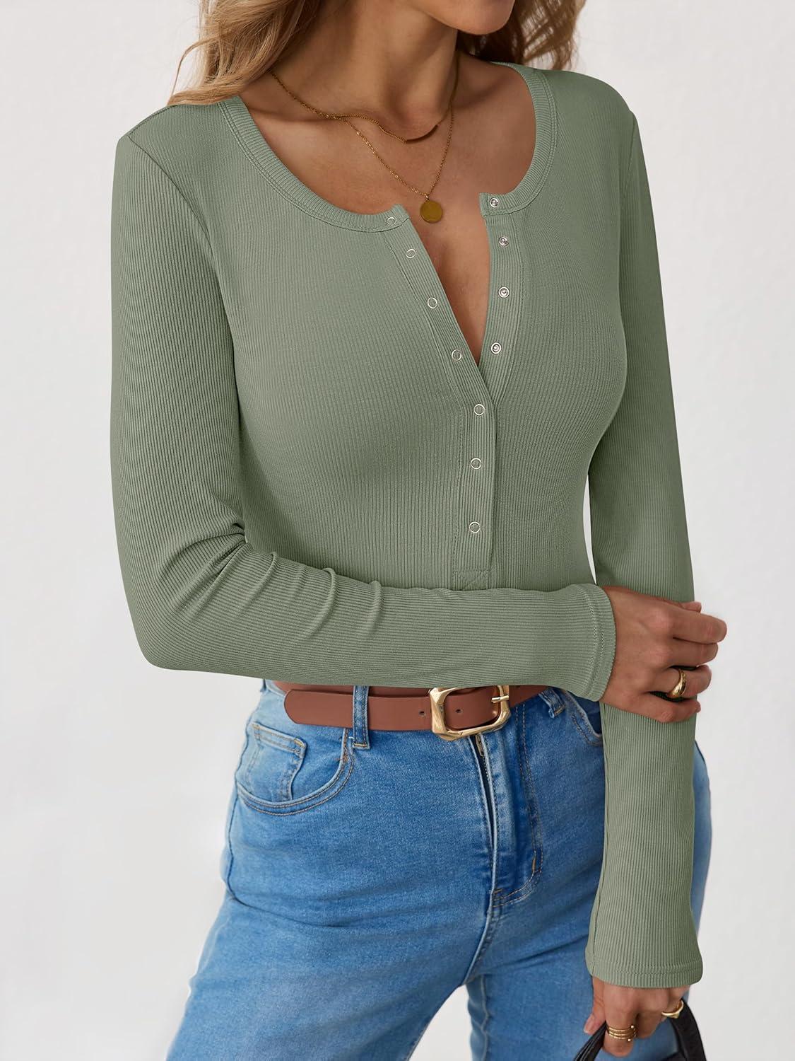 imageANRABESS Long Sleeve Shirts for Women Henley Button Down Tops Ribbed Knit Slim Fit Fall Basic Tee 2025 Casual Trendy ClothesSage Green