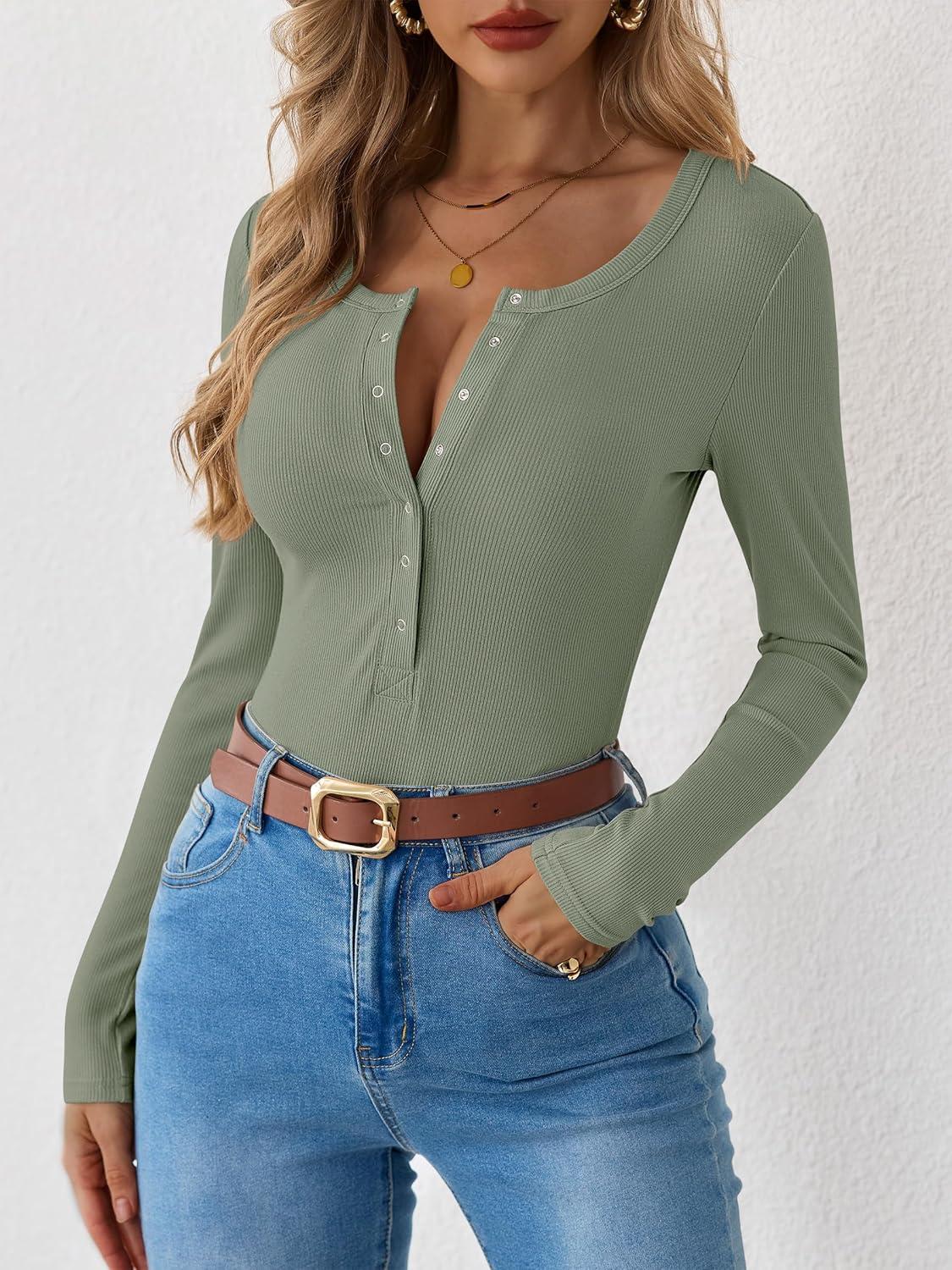 imageANRABESS Long Sleeve Shirts for Women Henley Button Down Tops Ribbed Knit Slim Fit Fall Basic Tee 2025 Casual Trendy ClothesSage Green