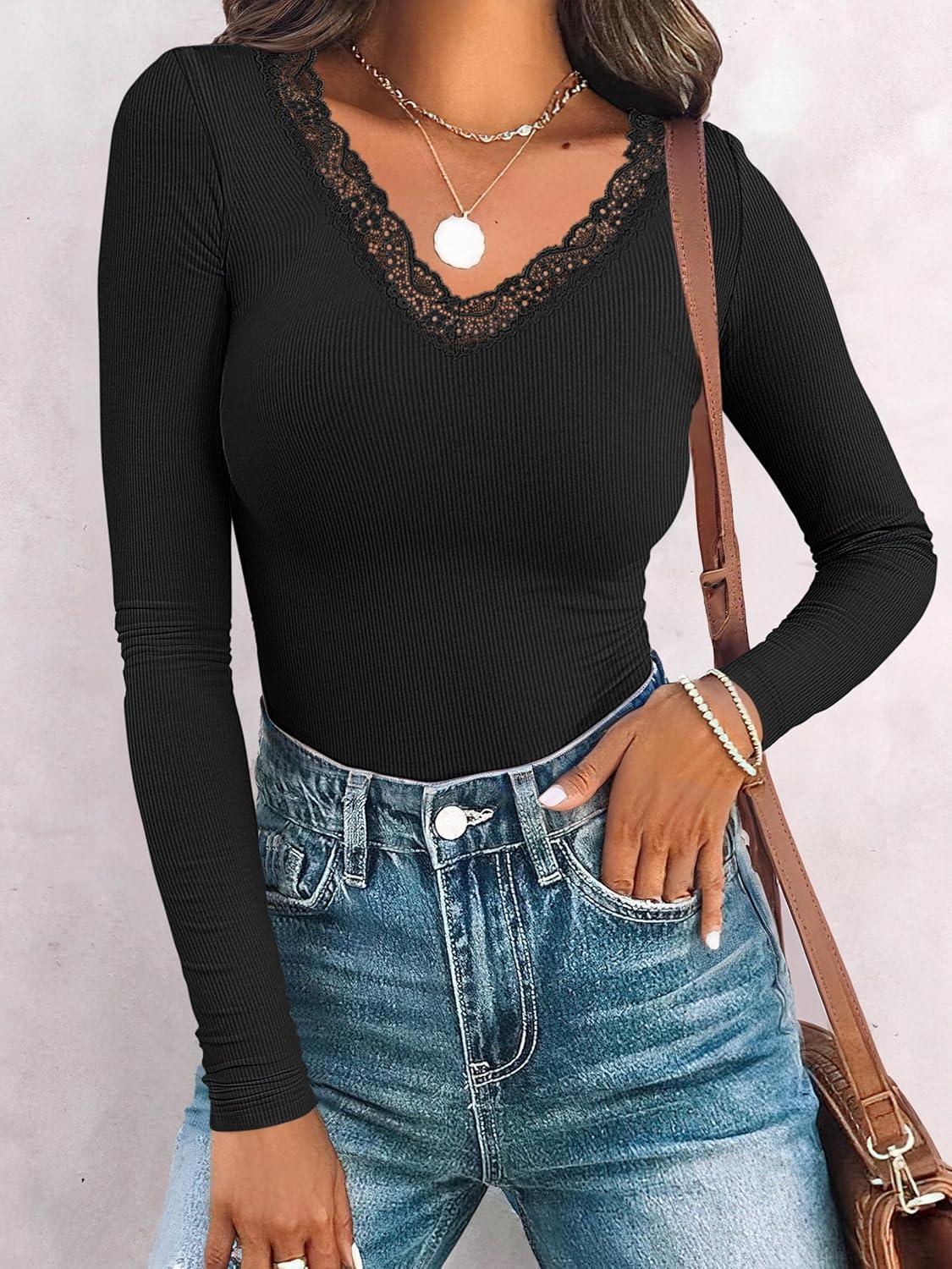 imageANRABESS Long Sleeve Shirts for Women Lace V Neck Rib Knit Slim Fit Basic Tee Tops 2025 Casual TShirt Going Out Fall OutfitsBlack