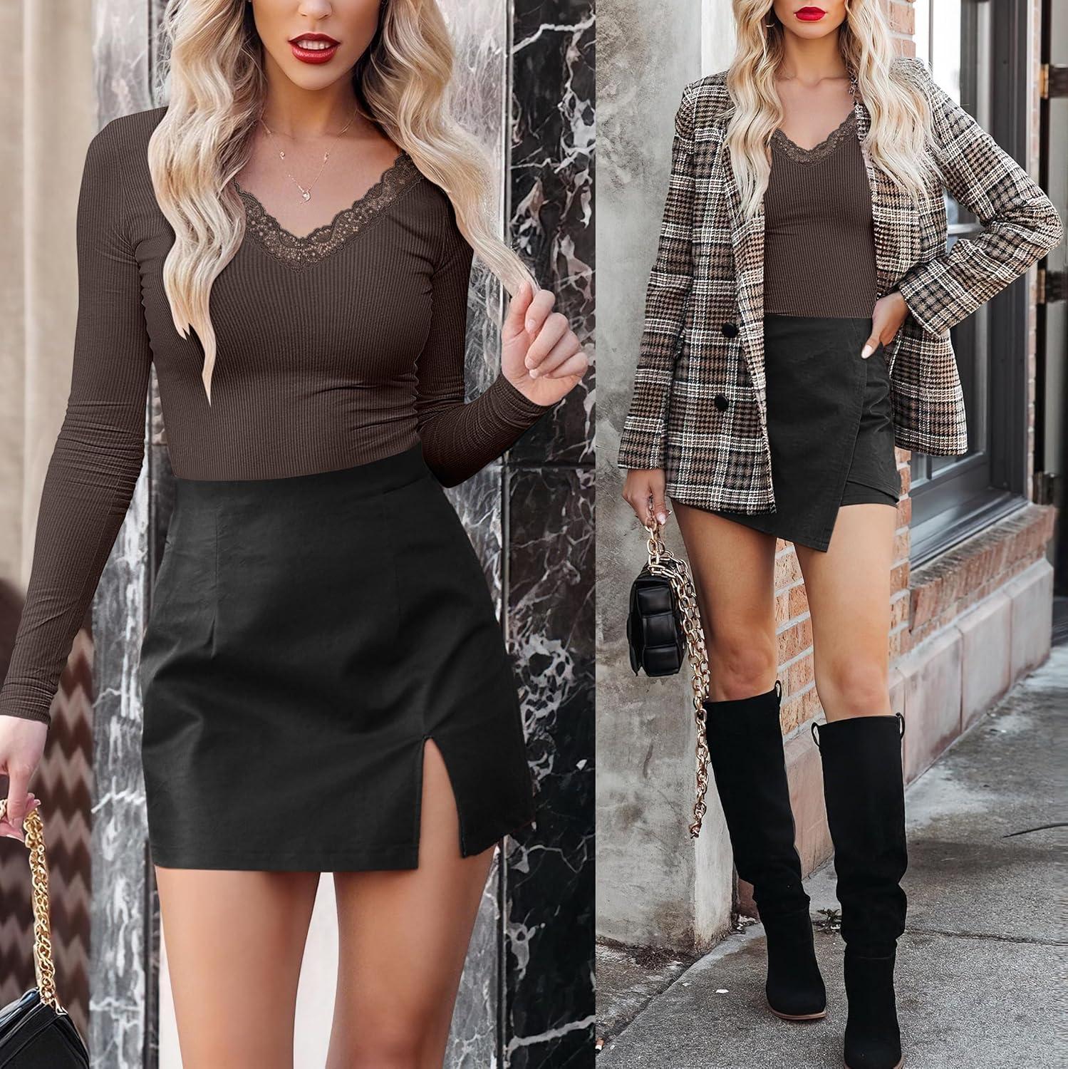 imageANRABESS Long Sleeve Shirts for Women Lace V Neck Rib Knit Slim Fit Basic Tee Tops 2025 Casual TShirt Going Out Fall OutfitsCoffee