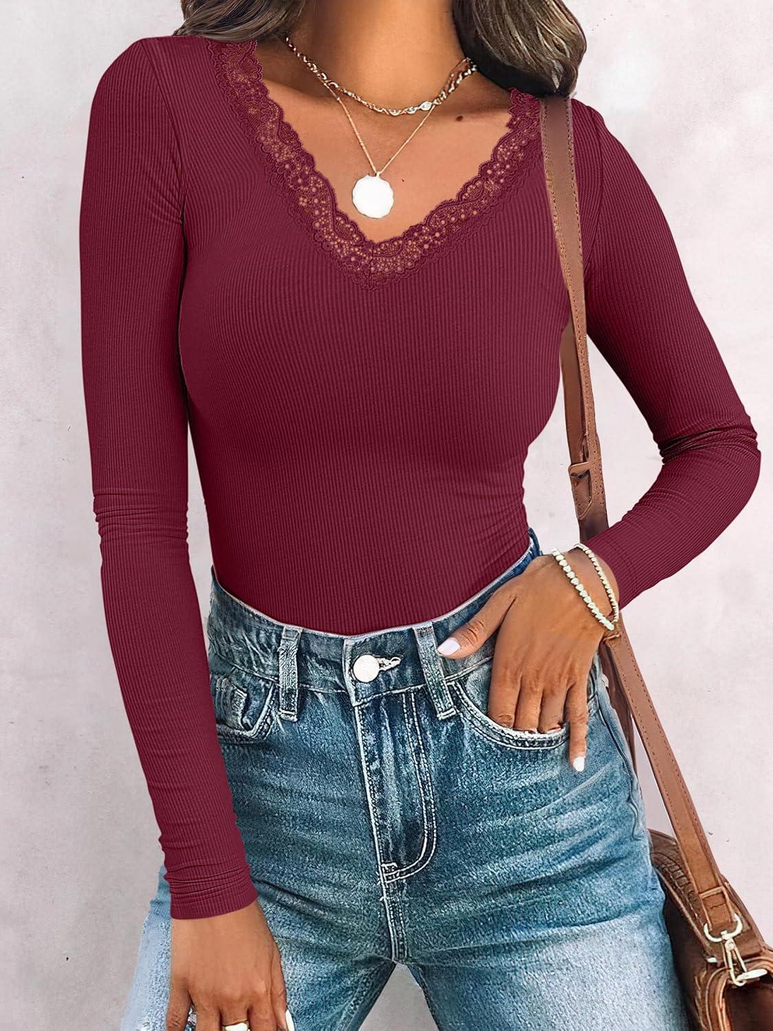 imageANRABESS Long Sleeve Shirts for Women Lace V Neck Rib Knit Slim Fit Basic Tee Tops 2025 Casual TShirt Going Out Fall OutfitsWind Red