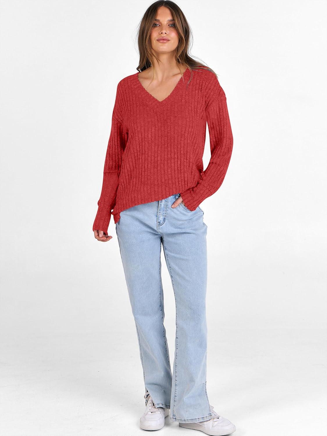 imageANRABESS Long Sleeve Shirts for Women V Neck Casual Fall Tops Loose Fit Lightweight Sweaters Tunic Fashion 2025 ClothesBright Red