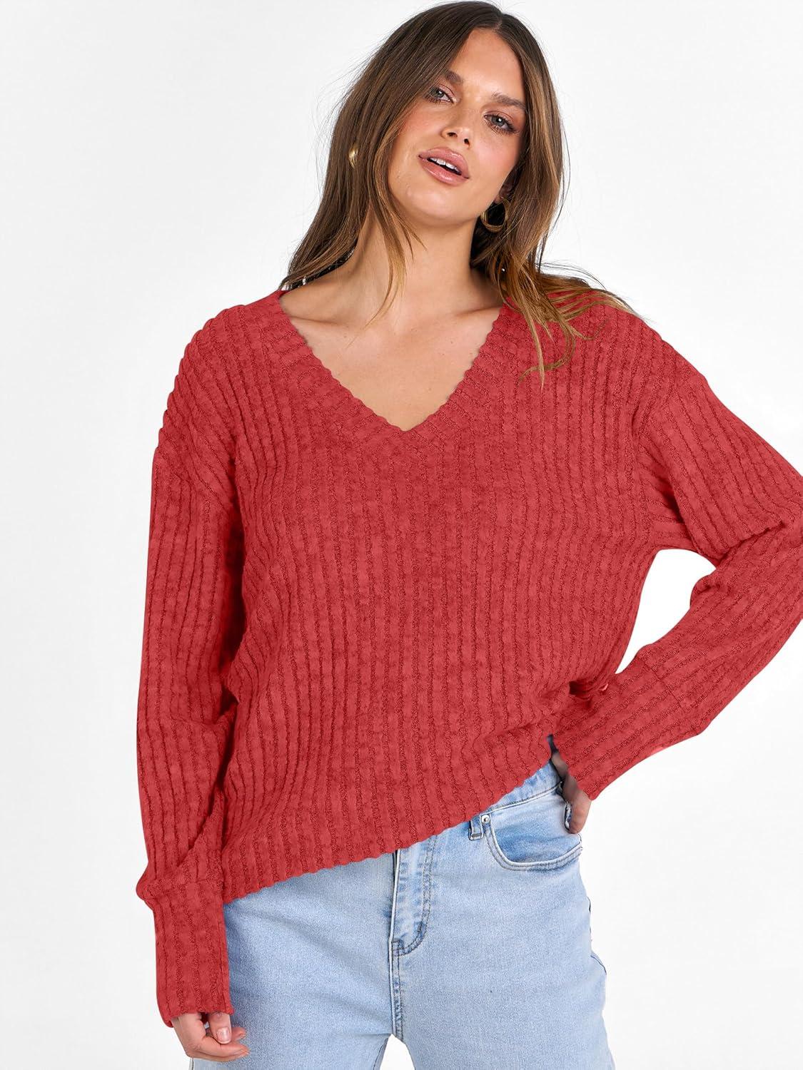 imageANRABESS Long Sleeve Shirts for Women V Neck Casual Fall Tops Loose Fit Lightweight Sweaters Tunic Fashion 2025 ClothesBright Red