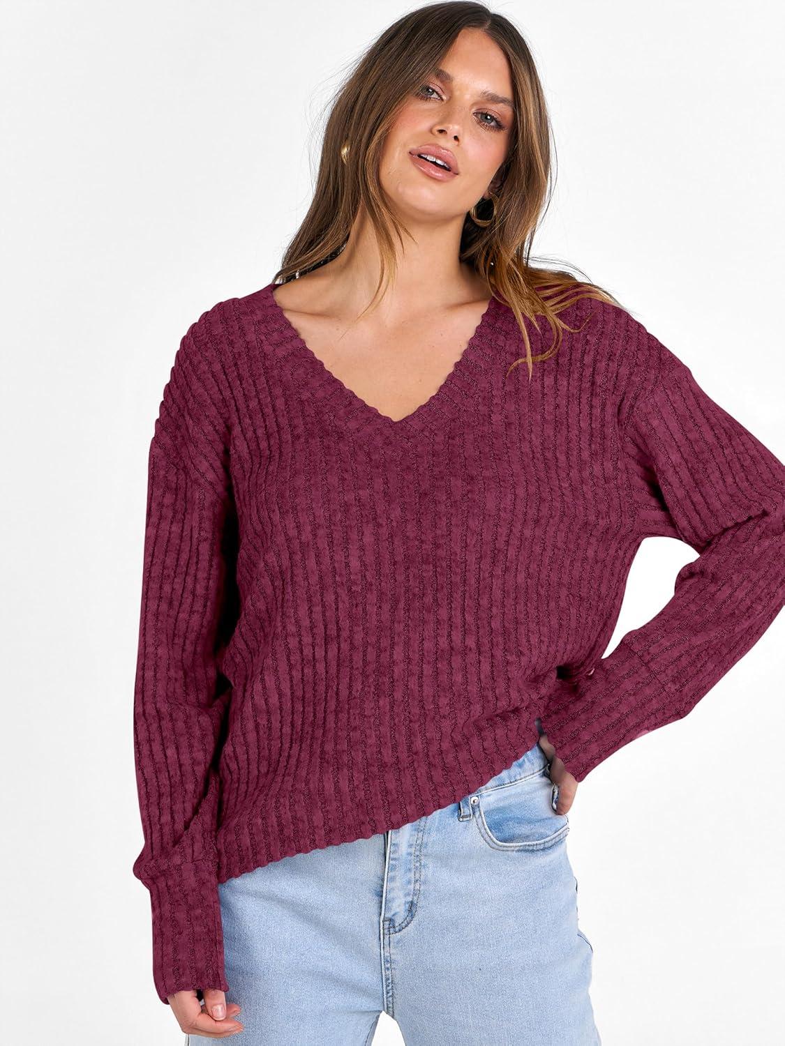 imageANRABESS Long Sleeve Shirts for Women V Neck Casual Fall Tops Loose Fit Lightweight Sweaters Tunic Fashion 2025 ClothesBurgundy