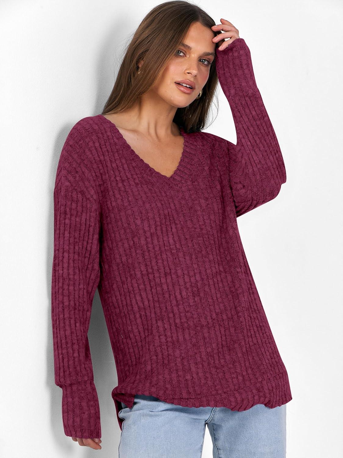 imageANRABESS Long Sleeve Shirts for Women V Neck Casual Fall Tops Loose Fit Lightweight Sweaters Tunic Fashion 2025 ClothesBurgundy