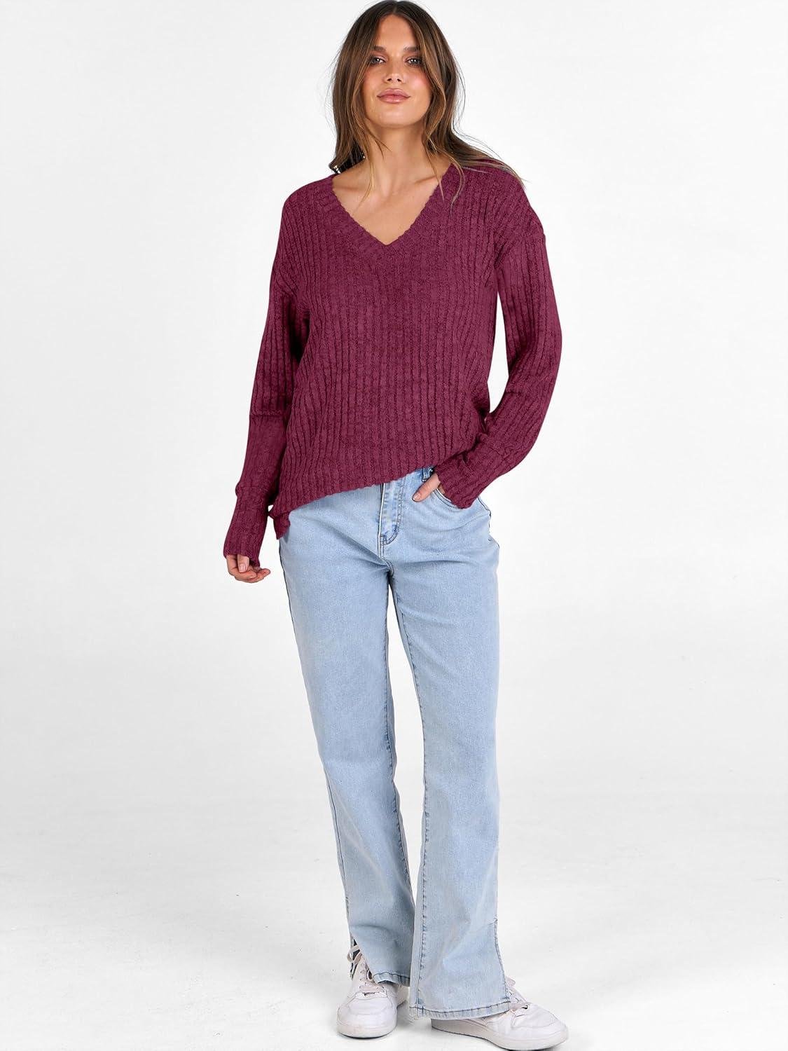 imageANRABESS Long Sleeve Shirts for Women V Neck Casual Fall Tops Loose Fit Lightweight Sweaters Tunic Fashion 2025 ClothesBurgundy