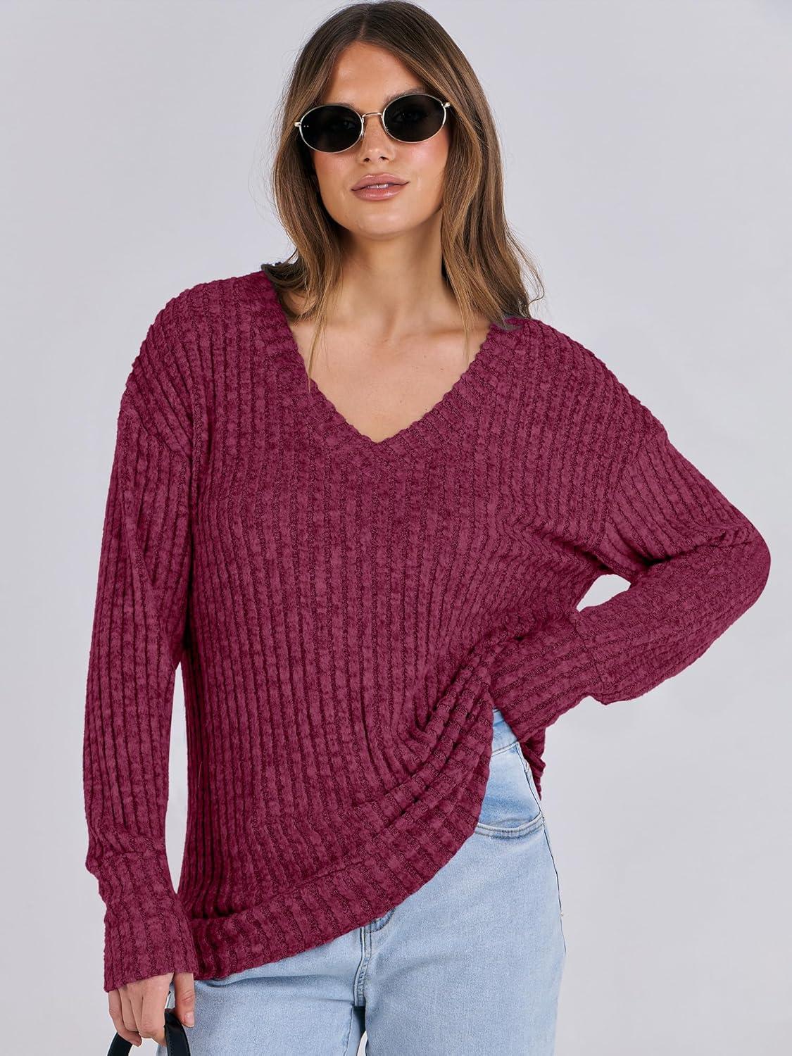 imageANRABESS Long Sleeve Shirts for Women V Neck Casual Fall Tops Loose Fit Lightweight Sweaters Tunic Fashion 2025 ClothesBurgundy