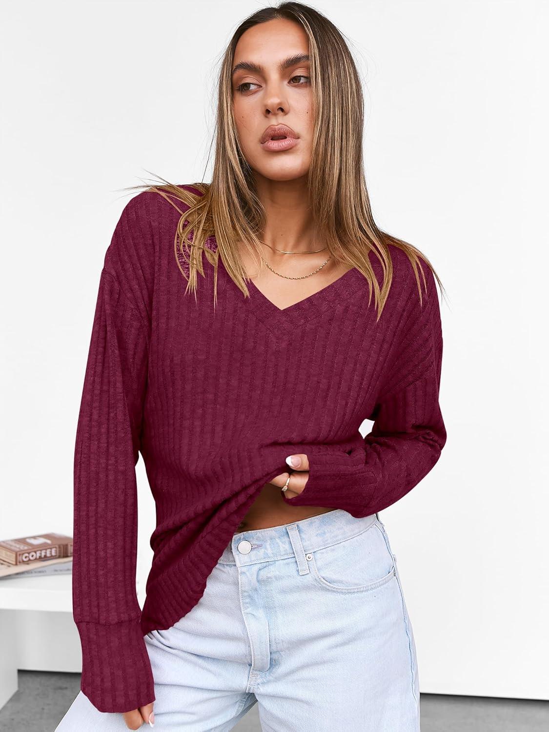 imageANRABESS Long Sleeve Shirts for Women V Neck Casual Fall Tops Loose Fit Lightweight Sweaters Tunic Fashion 2025 ClothesBurgundy