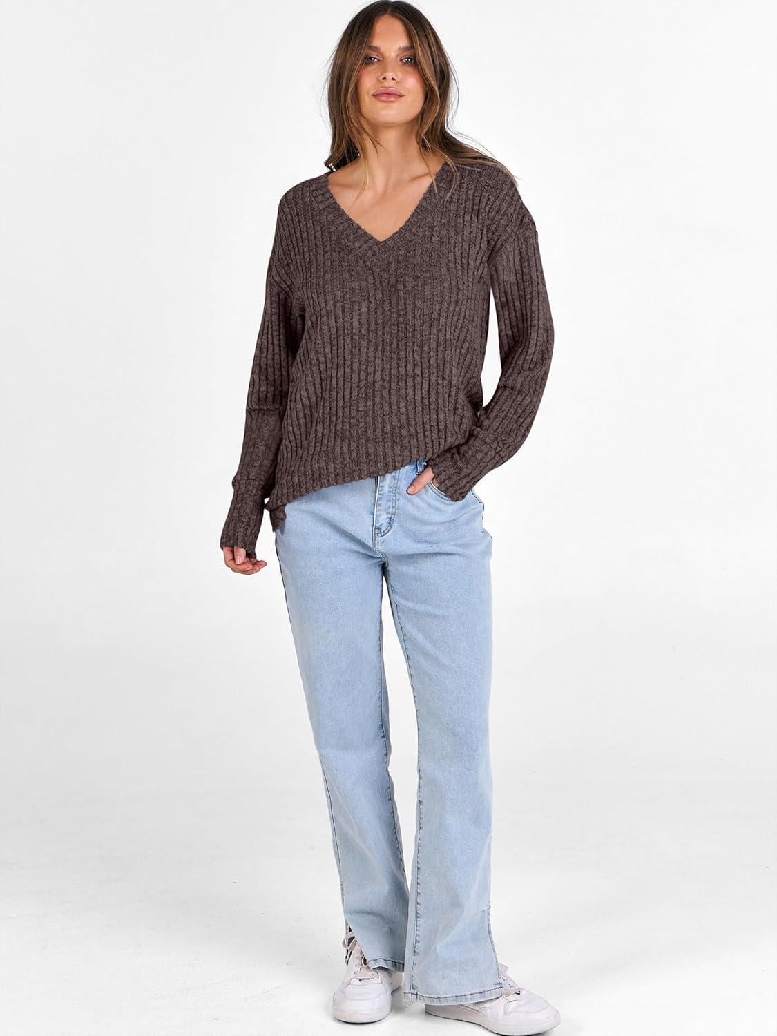 imageANRABESS Long Sleeve Shirts for Women V Neck Casual Fall Tops Loose Fit Lightweight Sweaters Tunic Fashion 2025 ClothesDeep Brown