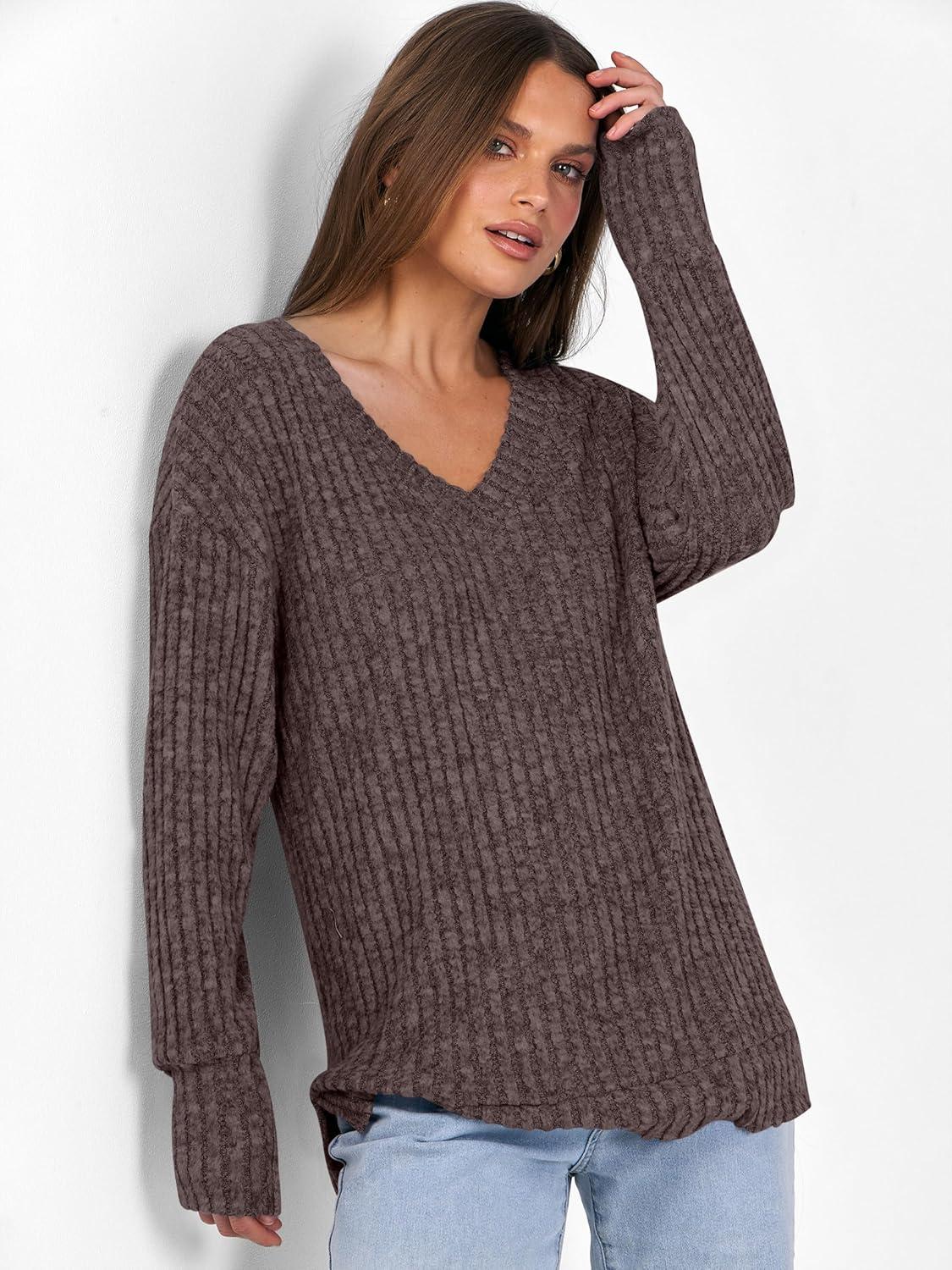 imageANRABESS Long Sleeve Shirts for Women V Neck Casual Fall Tops Loose Fit Lightweight Sweaters Tunic Fashion 2025 ClothesDeep Brown