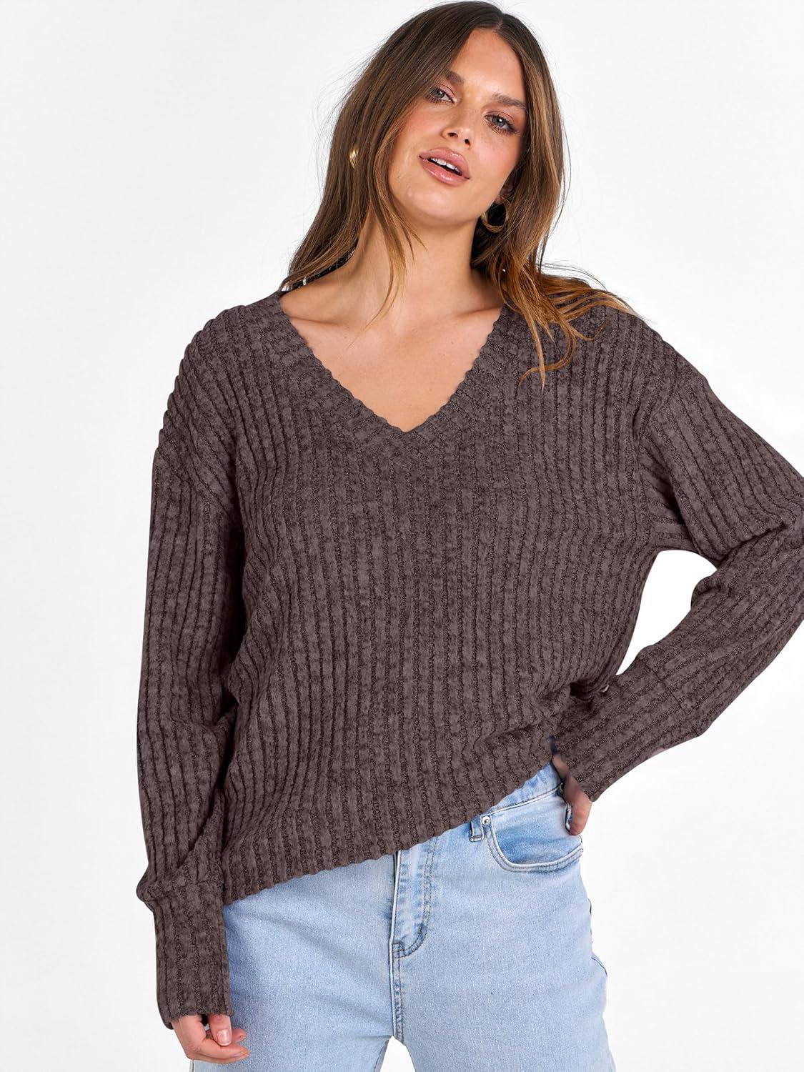 imageANRABESS Long Sleeve Shirts for Women V Neck Casual Fall Tops Loose Fit Lightweight Sweaters Tunic Fashion 2025 ClothesDeep Brown