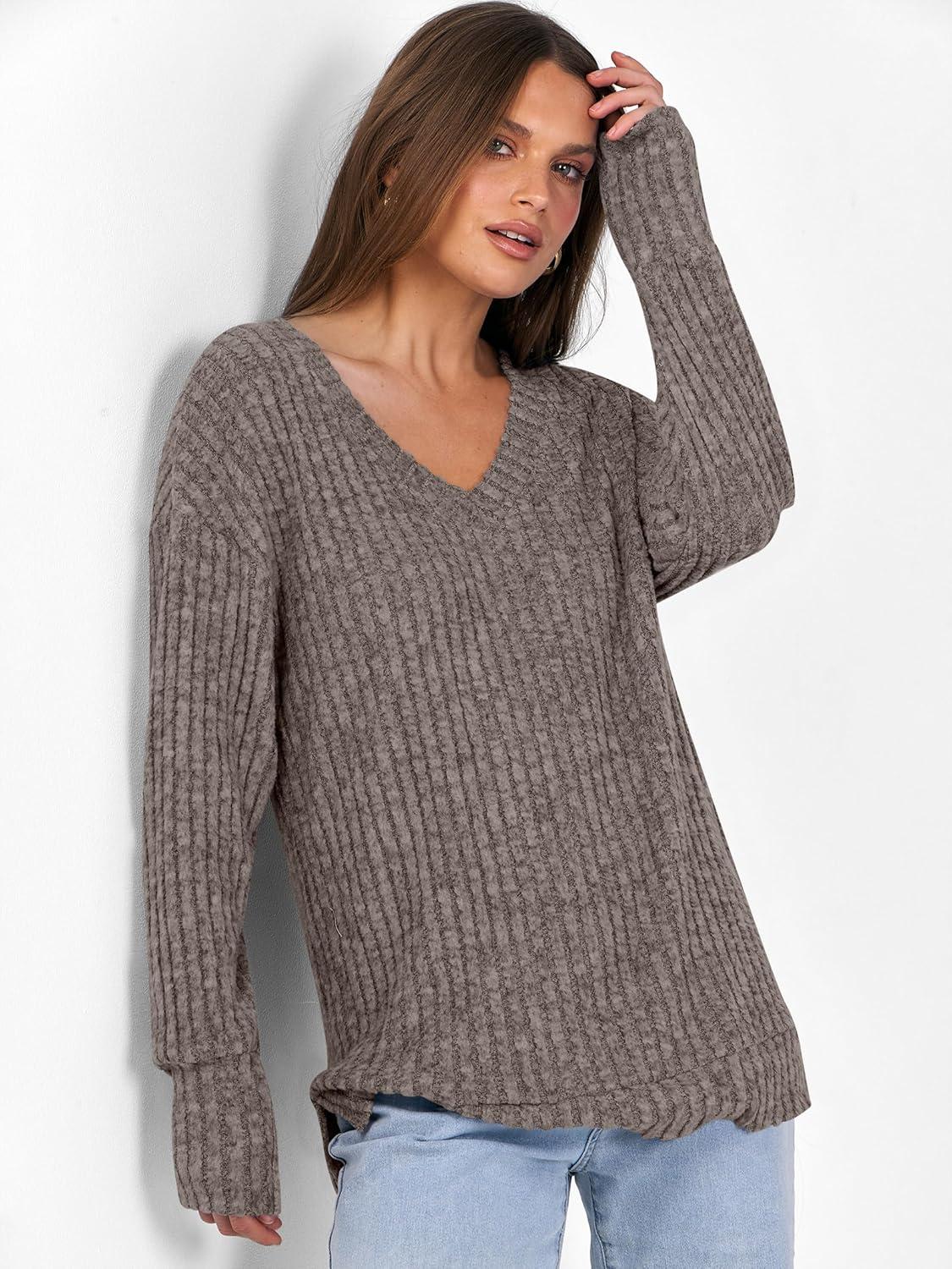 imageANRABESS Long Sleeve Shirts for Women V Neck Casual Fall Tops Loose Fit Lightweight Sweaters Tunic Fashion 2025 ClothesDeep Coffee