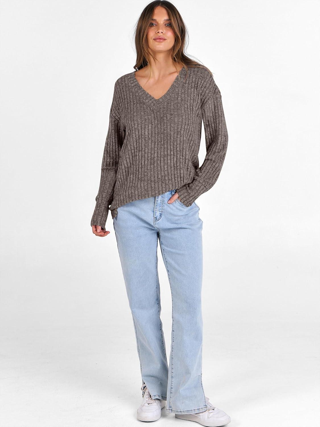 imageANRABESS Long Sleeve Shirts for Women V Neck Casual Fall Tops Loose Fit Lightweight Sweaters Tunic Fashion 2025 ClothesDeep Coffee