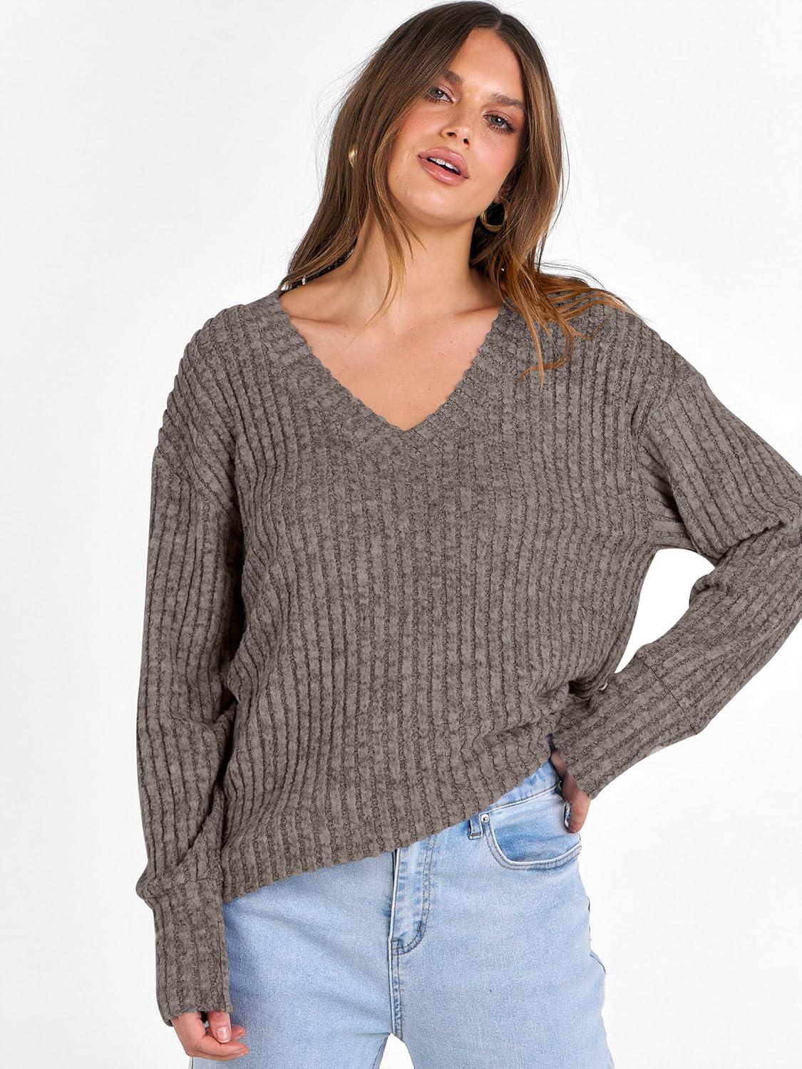 imageANRABESS Long Sleeve Shirts for Women V Neck Casual Fall Tops Loose Fit Lightweight Sweaters Tunic Fashion 2025 ClothesDeep Coffee