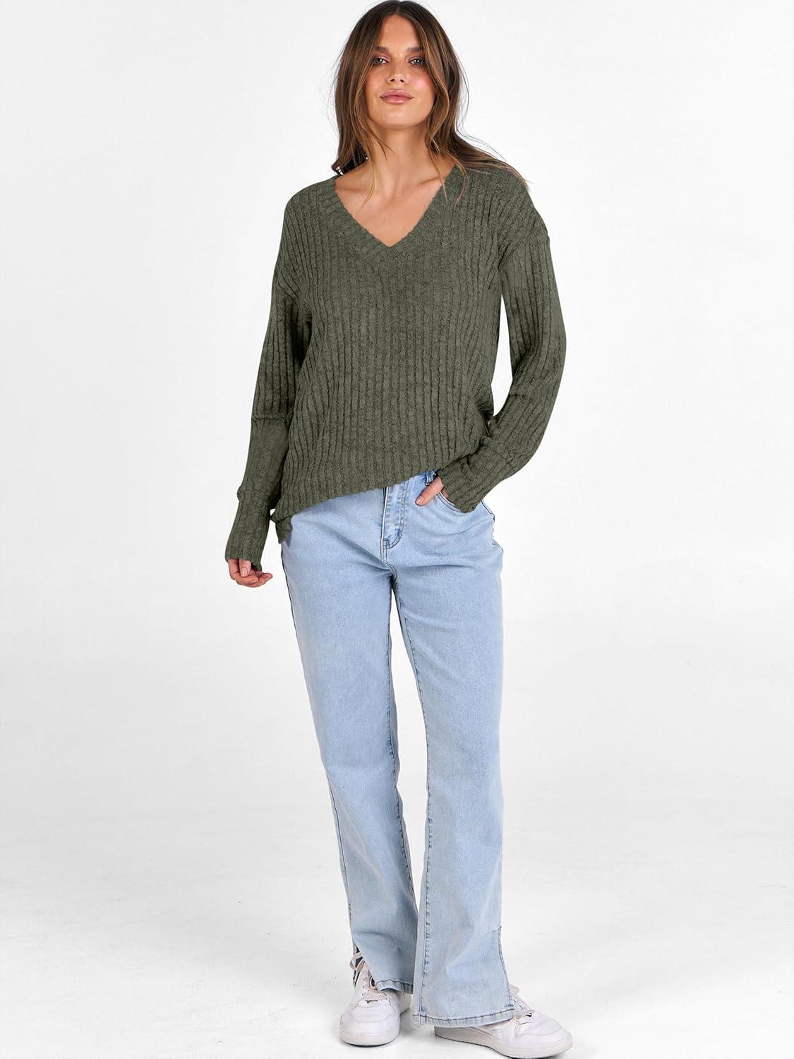 imageANRABESS Long Sleeve Shirts for Women V Neck Casual Fall Tops Loose Fit Lightweight Sweaters Tunic Fashion 2025 ClothesDeep Green