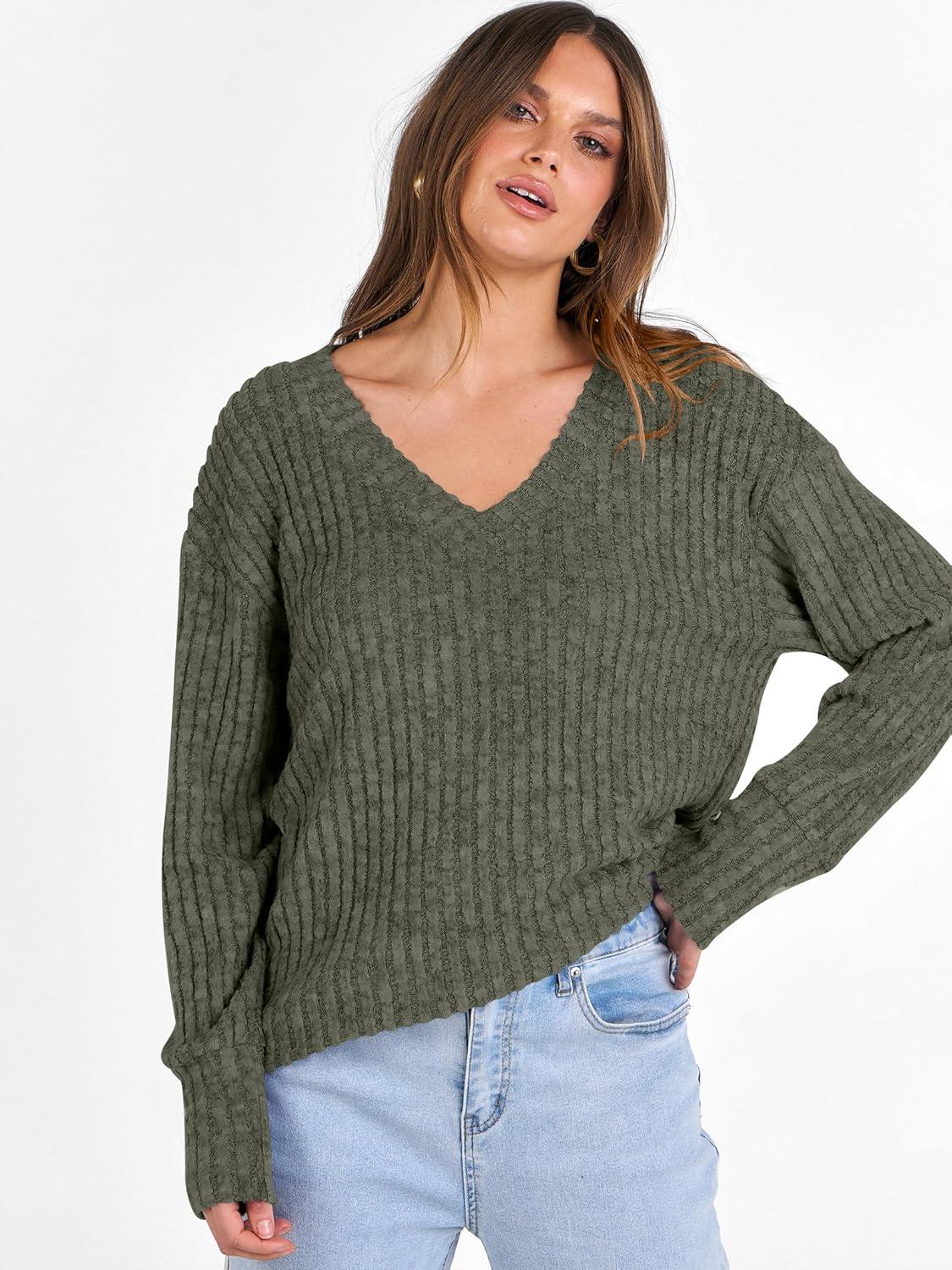 imageANRABESS Long Sleeve Shirts for Women V Neck Casual Fall Tops Loose Fit Lightweight Sweaters Tunic Fashion 2025 ClothesDeep Green