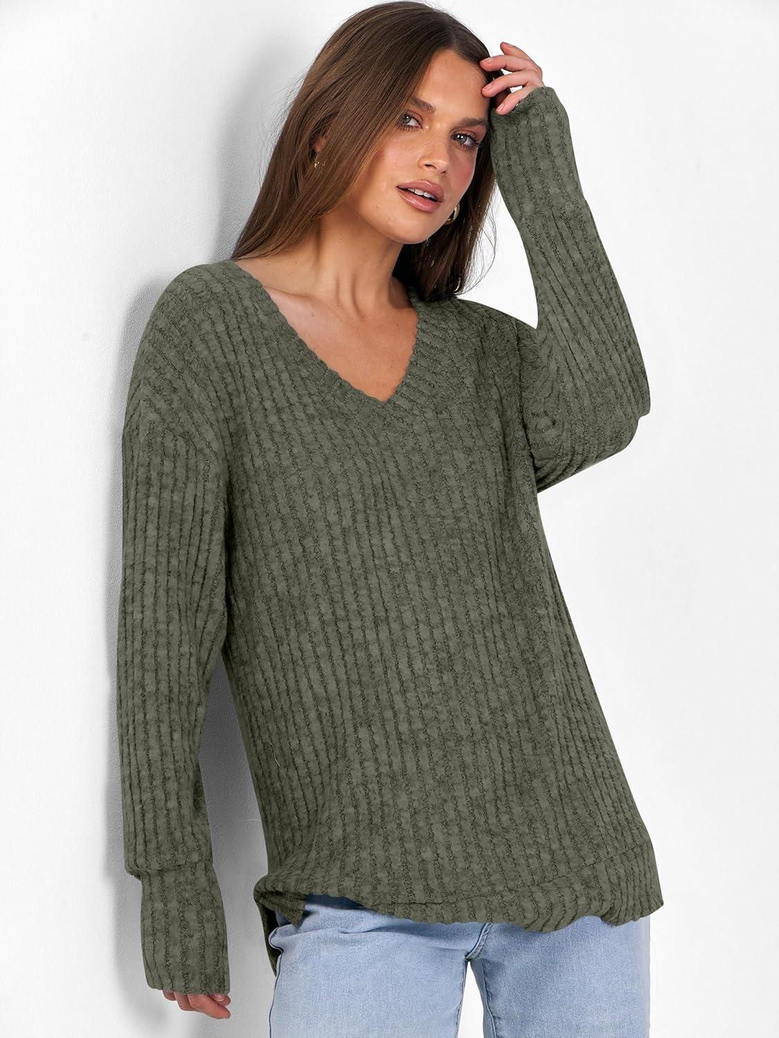 imageANRABESS Long Sleeve Shirts for Women V Neck Casual Fall Tops Loose Fit Lightweight Sweaters Tunic Fashion 2025 ClothesDeep Green