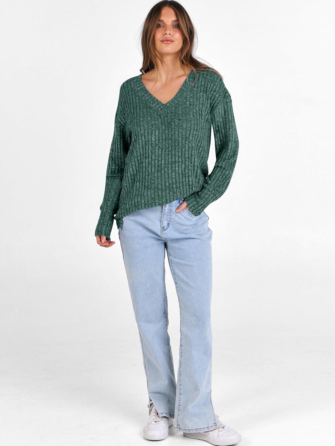 imageANRABESS Long Sleeve Shirts for Women V Neck Casual Fall Tops Loose Fit Lightweight Sweaters Tunic Fashion 2025 ClothesGreen