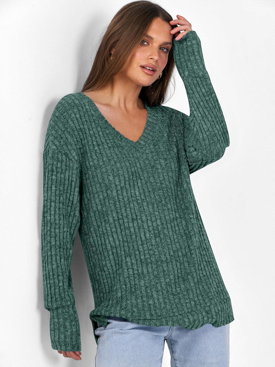 imageANRABESS Long Sleeve Shirts for Women V Neck Casual Fall Tops Loose Fit Lightweight Sweaters Tunic Fashion 2025 ClothesGreen