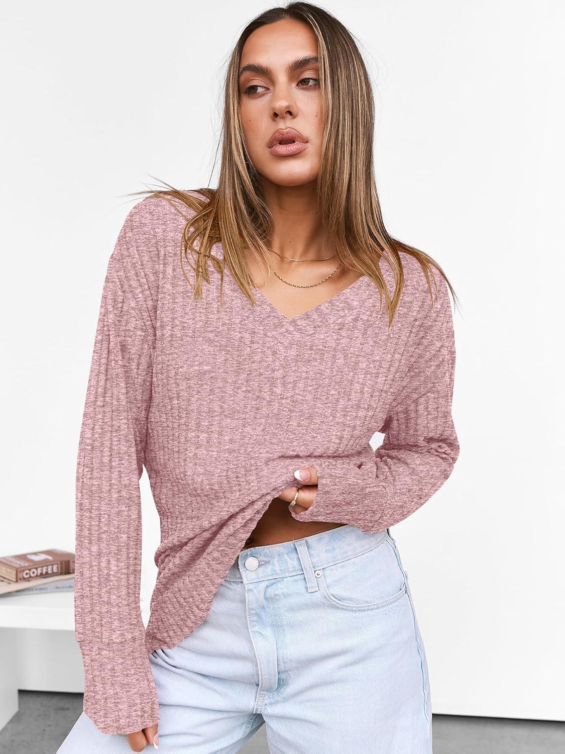 imageANRABESS Long Sleeve Shirts for Women V Neck Casual Fall Tops Loose Fit Lightweight Sweaters Tunic Fashion 2025 ClothesGrey Pink