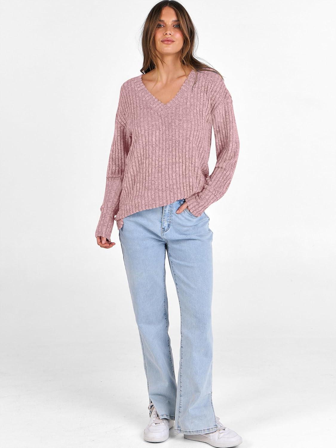 imageANRABESS Long Sleeve Shirts for Women V Neck Casual Fall Tops Loose Fit Lightweight Sweaters Tunic Fashion 2025 ClothesGrey Pink