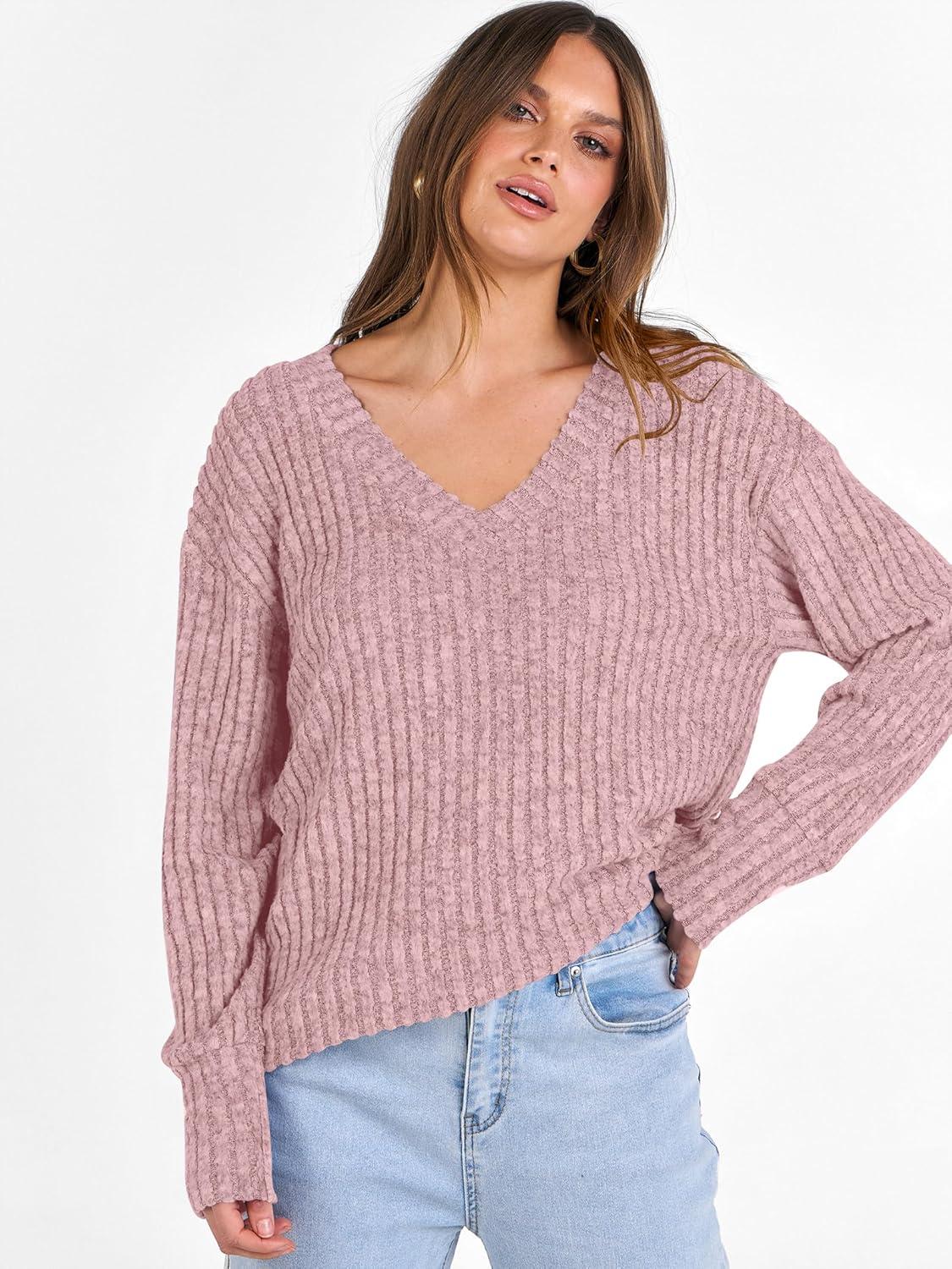 imageANRABESS Long Sleeve Shirts for Women V Neck Casual Fall Tops Loose Fit Lightweight Sweaters Tunic Fashion 2025 ClothesGrey Pink