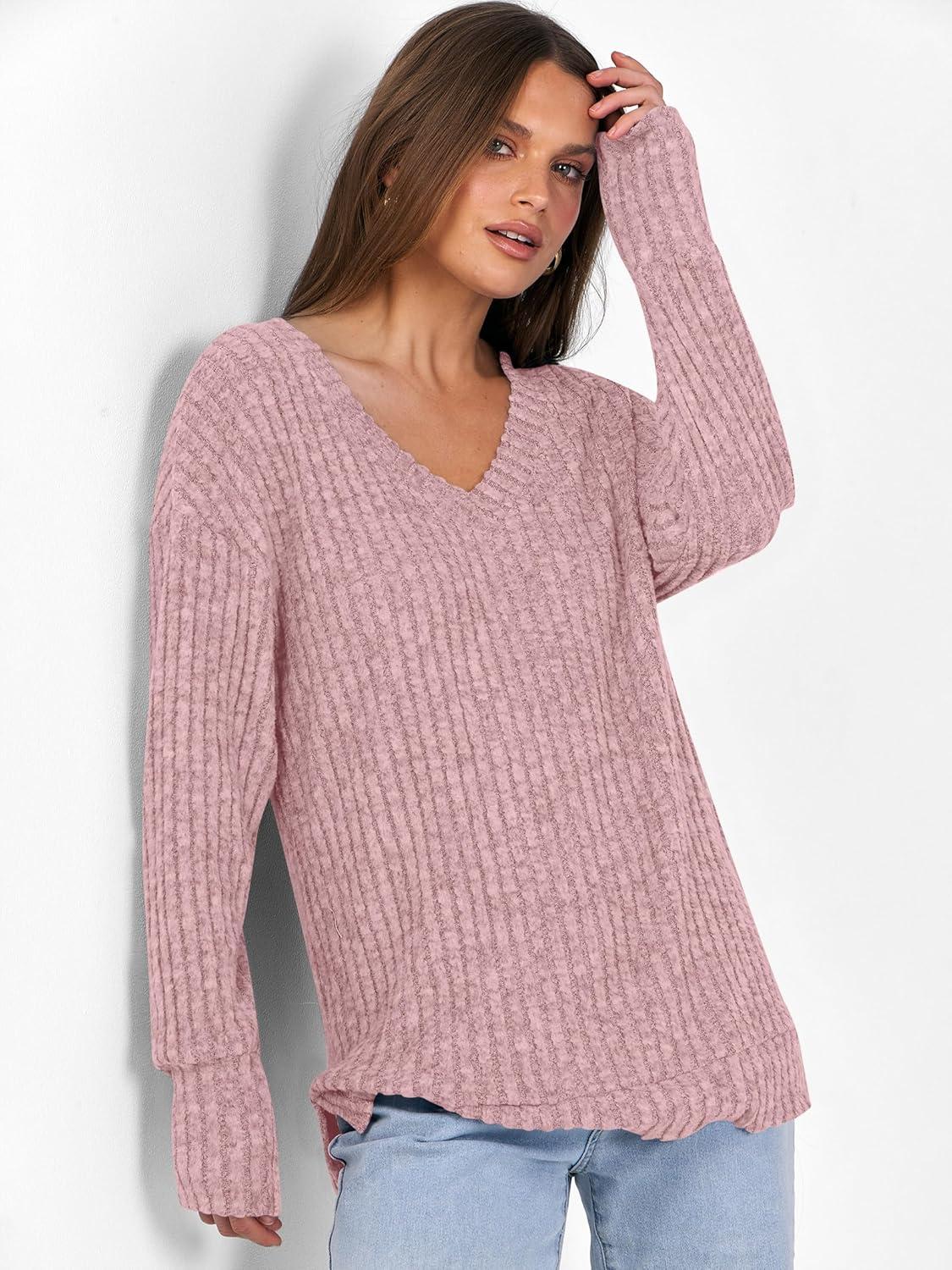 imageANRABESS Long Sleeve Shirts for Women V Neck Casual Fall Tops Loose Fit Lightweight Sweaters Tunic Fashion 2025 ClothesGrey Pink