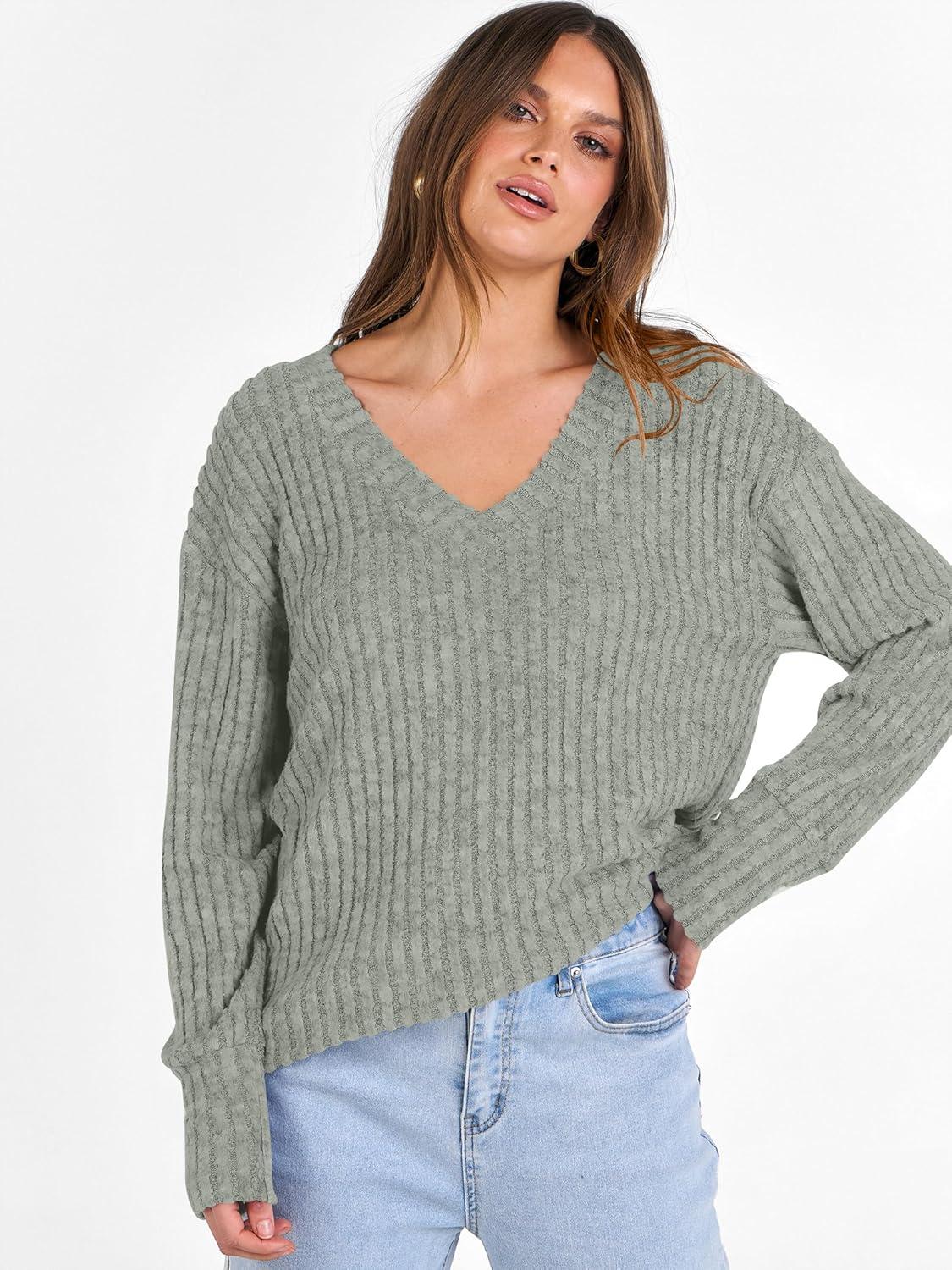 imageANRABESS Long Sleeve Shirts for Women V Neck Casual Fall Tops Loose Fit Lightweight Sweaters Tunic Fashion 2025 ClothesLight Green