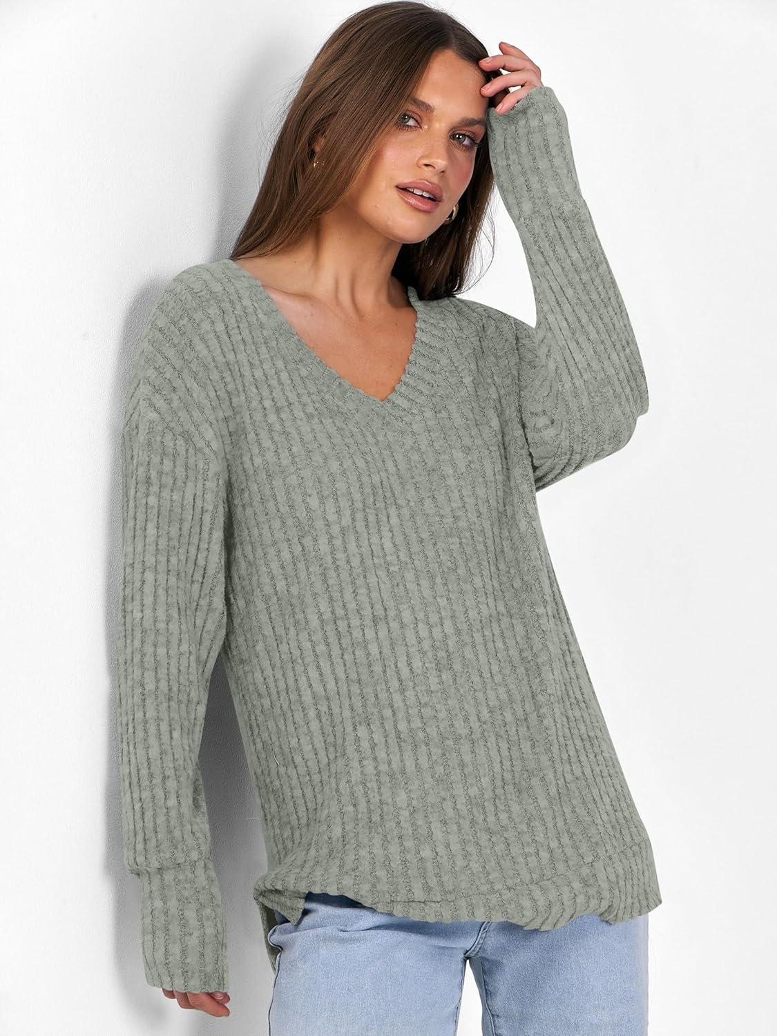 imageANRABESS Long Sleeve Shirts for Women V Neck Casual Fall Tops Loose Fit Lightweight Sweaters Tunic Fashion 2025 ClothesLight Green