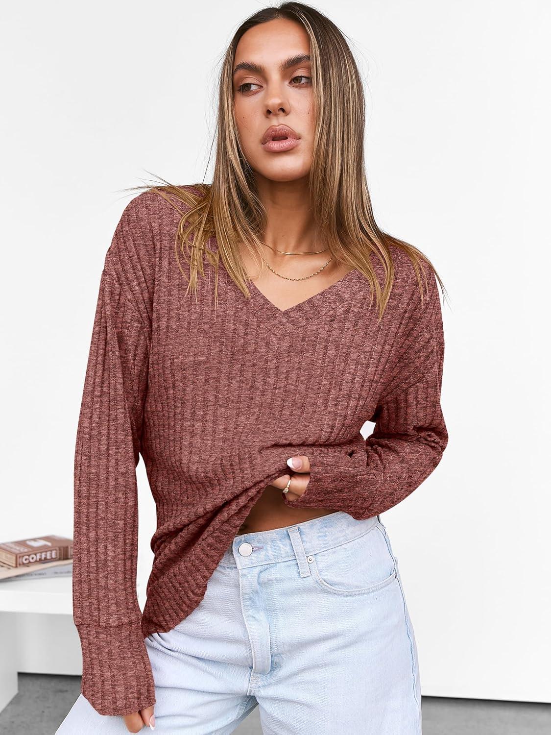 imageANRABESS Long Sleeve Shirts for Women V Neck Casual Fall Tops Loose Fit Lightweight Sweaters Tunic Fashion 2025 ClothesRust