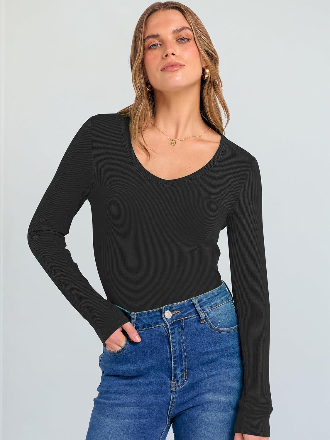 imageANRABESS Long Sleeve Shirts for Women V Neck Ribbed Knit Fitted Fall Basic Tshirts Going Out Tops 2025 Casual Trendy ClothesBlack
