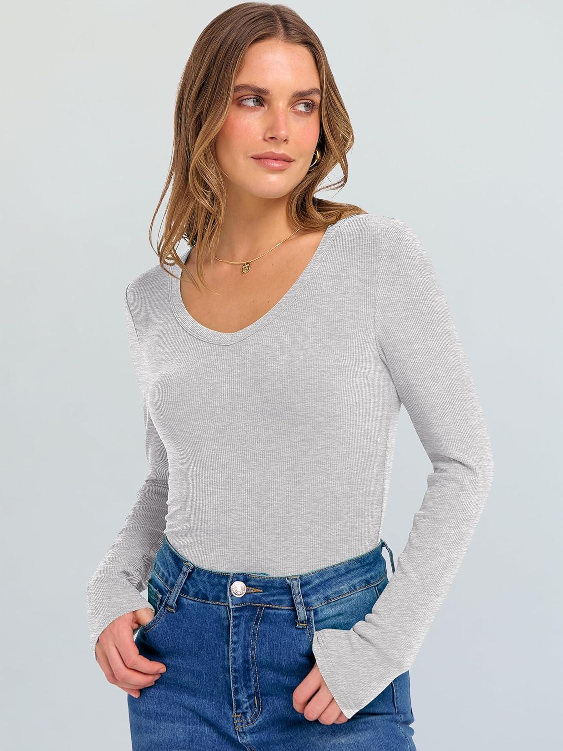 imageANRABESS Long Sleeve Shirts for Women V Neck Ribbed Knit Fitted Fall Basic Tshirts Going Out Tops 2025 Casual Trendy ClothesBright Grey