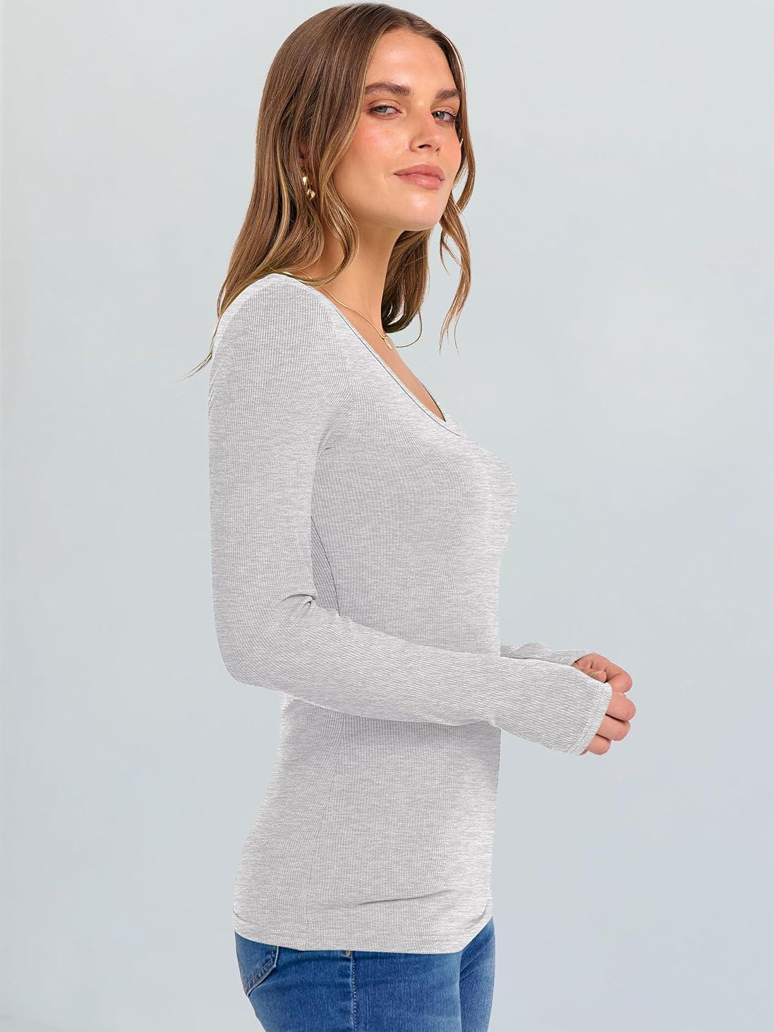imageANRABESS Long Sleeve Shirts for Women V Neck Ribbed Knit Fitted Fall Basic Tshirts Going Out Tops 2025 Casual Trendy ClothesBright Grey