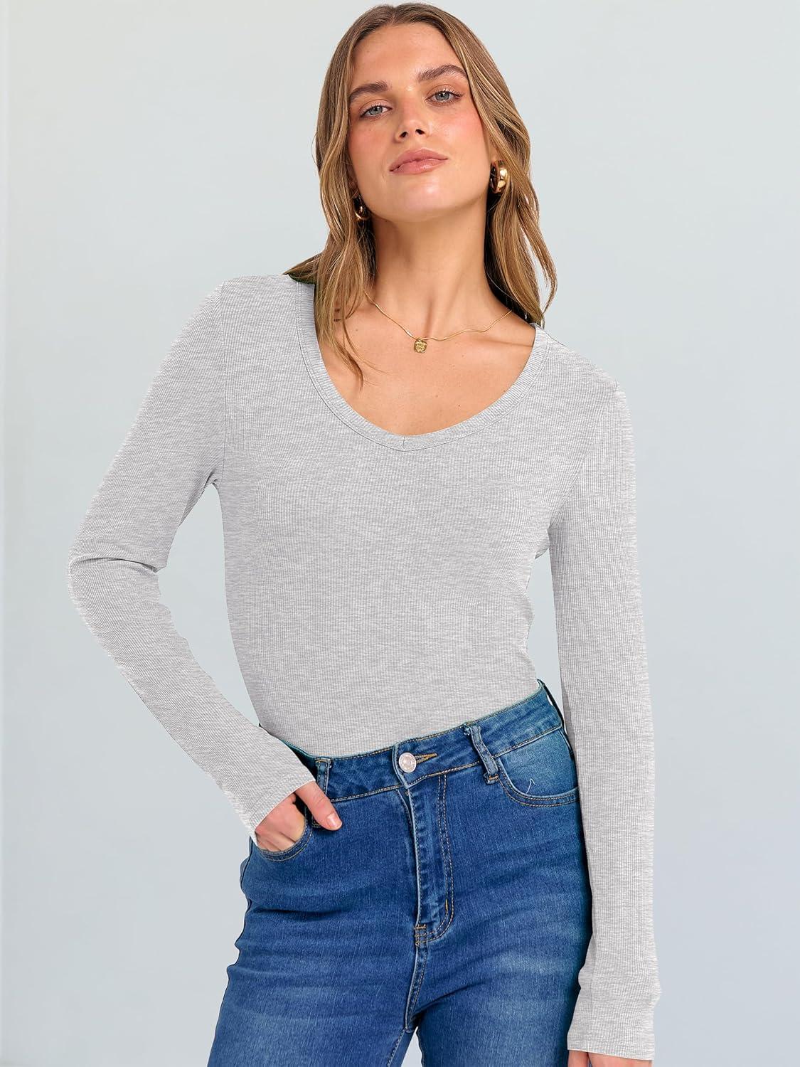 imageANRABESS Long Sleeve Shirts for Women V Neck Ribbed Knit Fitted Fall Basic Tshirts Going Out Tops 2025 Casual Trendy ClothesBright Grey