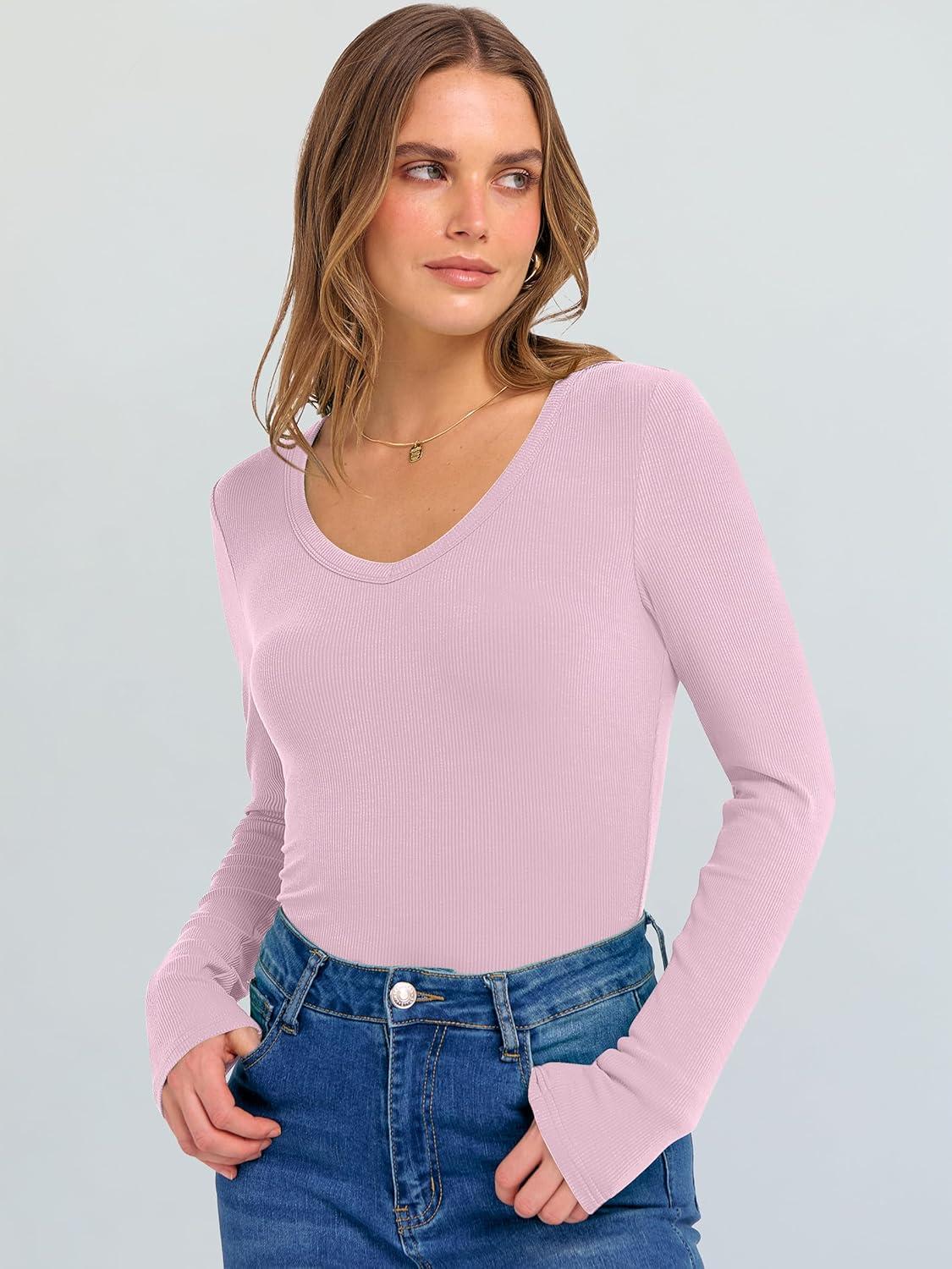 imageANRABESS Long Sleeve Shirts for Women V Neck Ribbed Knit Fitted Fall Basic Tshirts Going Out Tops 2025 Casual Trendy ClothesBright Pink