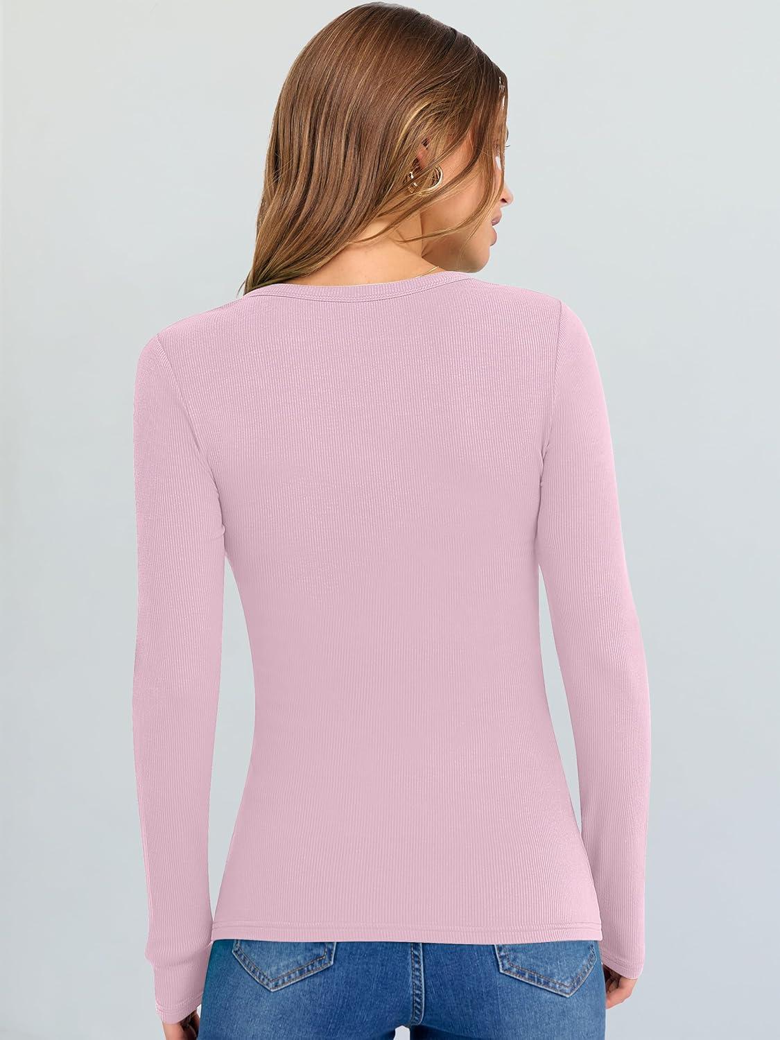 imageANRABESS Long Sleeve Shirts for Women V Neck Ribbed Knit Fitted Fall Basic Tshirts Going Out Tops 2025 Casual Trendy ClothesBright Pink
