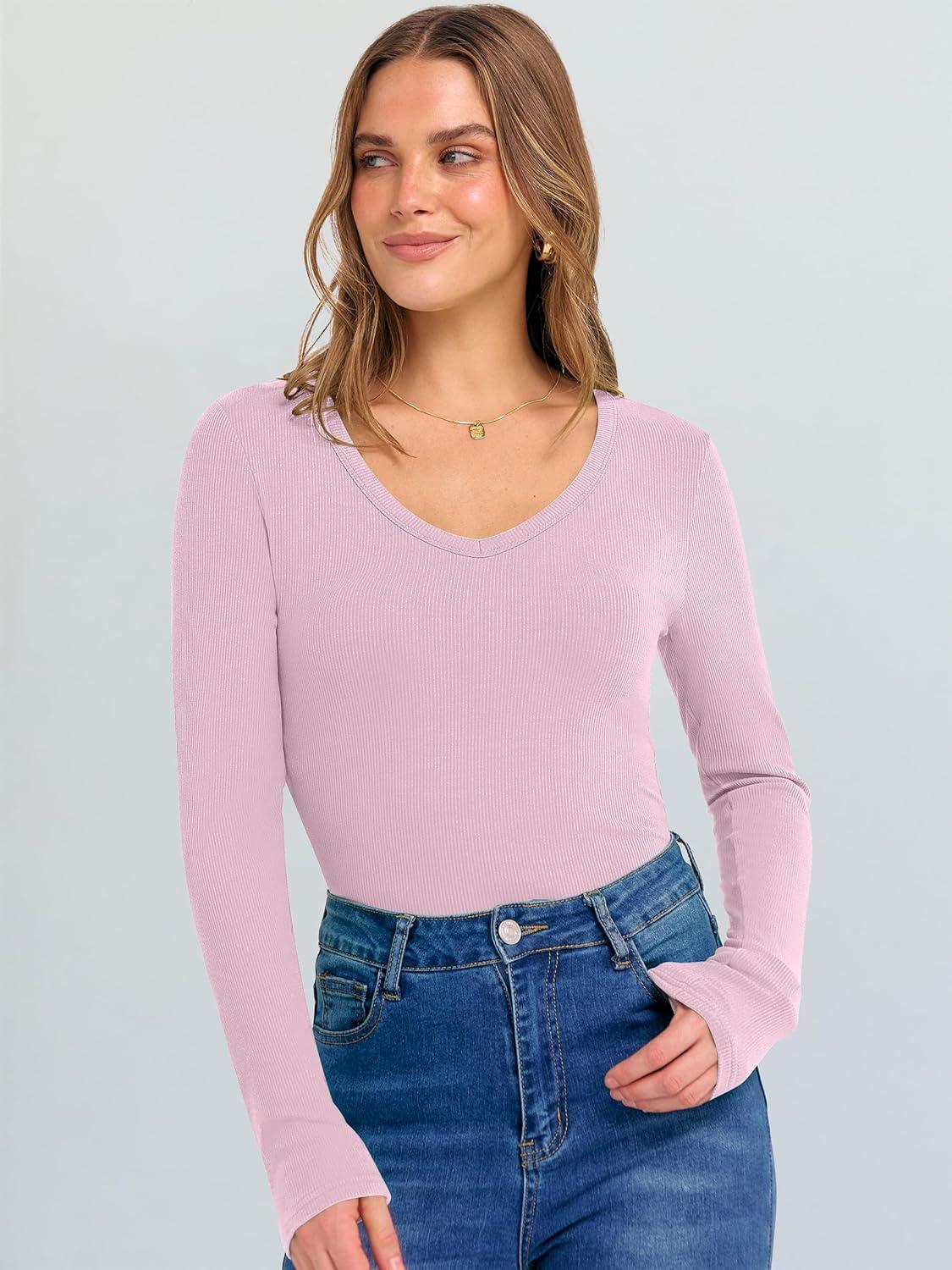 imageANRABESS Long Sleeve Shirts for Women V Neck Ribbed Knit Fitted Fall Basic Tshirts Going Out Tops 2025 Casual Trendy ClothesBright Pink