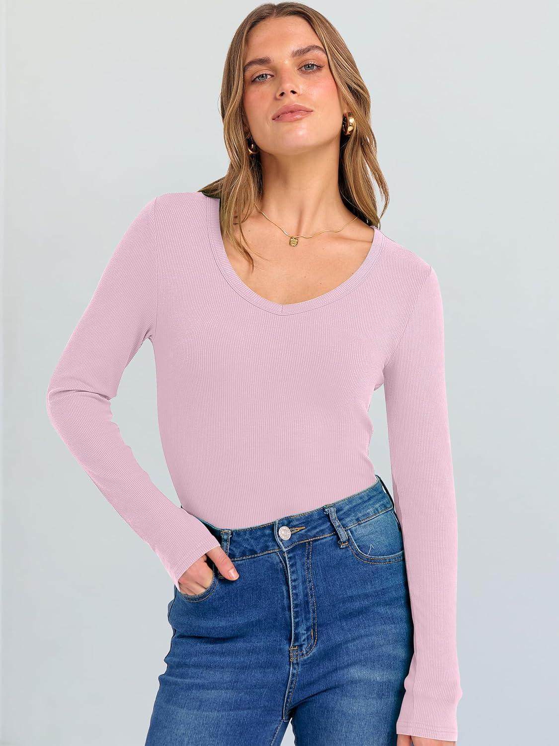 imageANRABESS Long Sleeve Shirts for Women V Neck Ribbed Knit Fitted Fall Basic Tshirts Going Out Tops 2025 Casual Trendy ClothesBright Pink