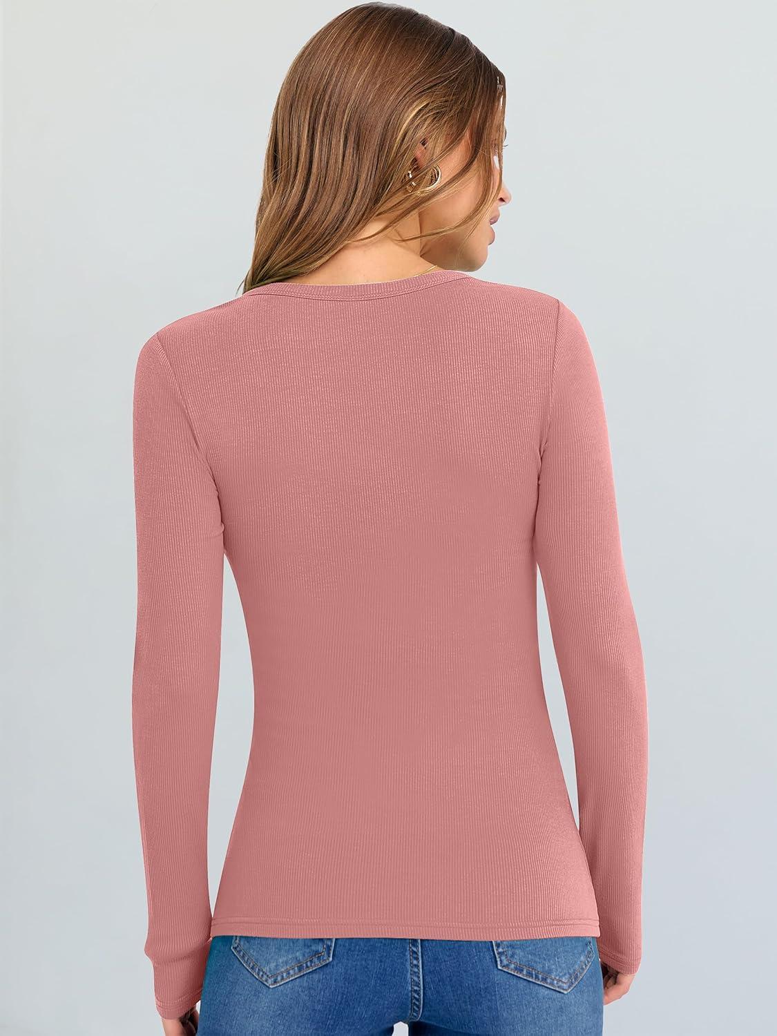 imageANRABESS Long Sleeve Shirts for Women V Neck Ribbed Knit Fitted Fall Basic Tshirts Going Out Tops 2025 Casual Trendy ClothesCoral Pink
