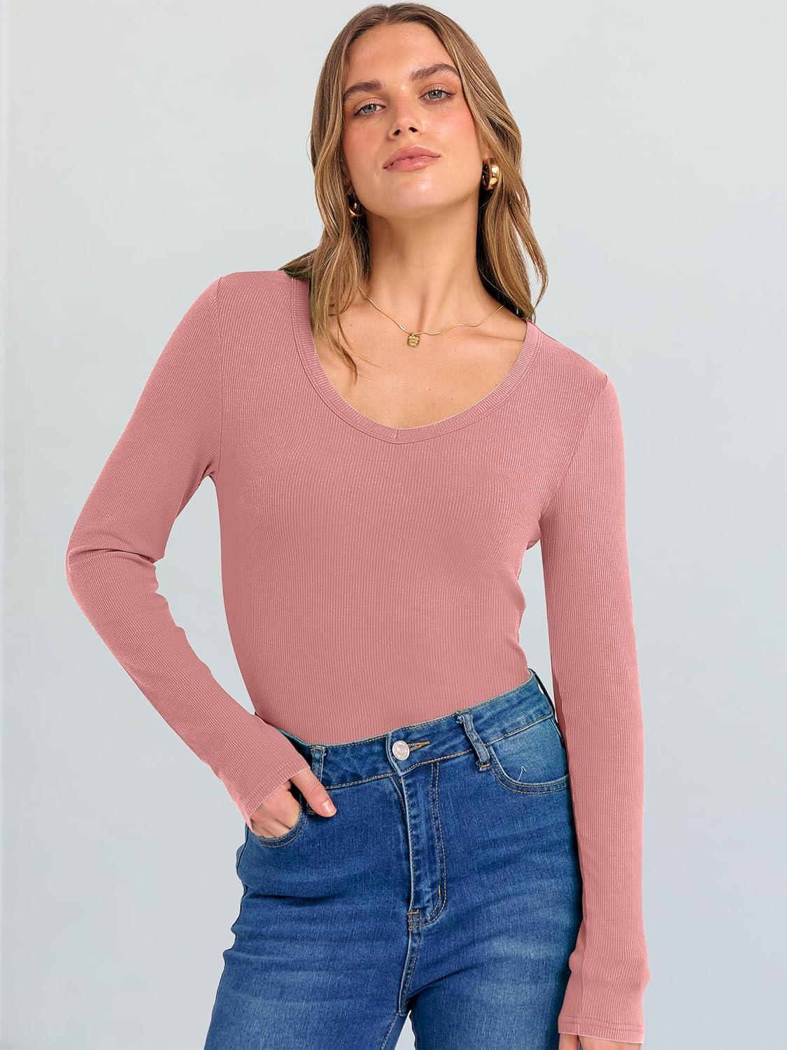 imageANRABESS Long Sleeve Shirts for Women V Neck Ribbed Knit Fitted Fall Basic Tshirts Going Out Tops 2025 Casual Trendy ClothesCoral Pink