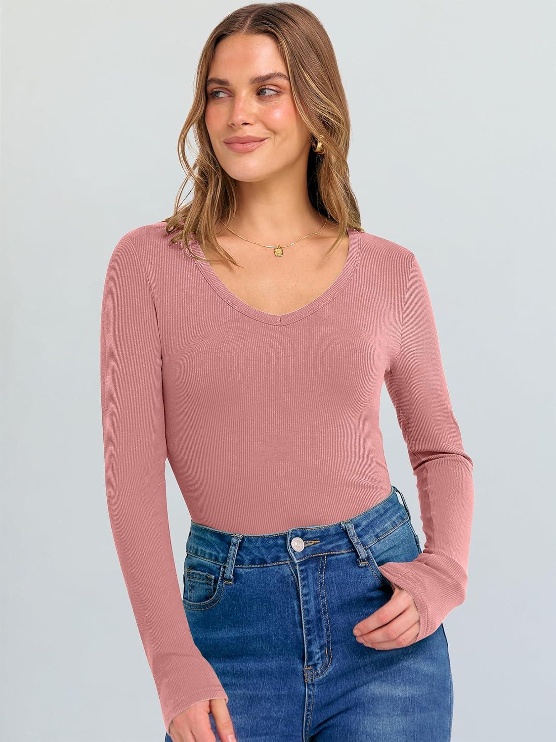 imageANRABESS Long Sleeve Shirts for Women V Neck Ribbed Knit Fitted Fall Basic Tshirts Going Out Tops 2025 Casual Trendy ClothesCoral Pink