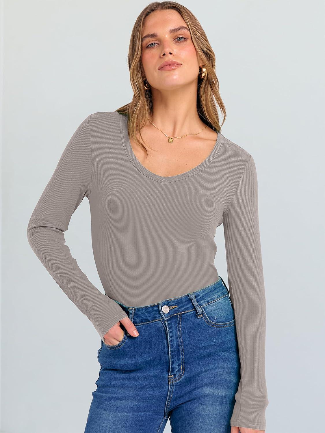 imageANRABESS Long Sleeve Shirts for Women V Neck Ribbed Knit Fitted Fall Basic Tshirts Going Out Tops 2025 Casual Trendy ClothesGray Khaki