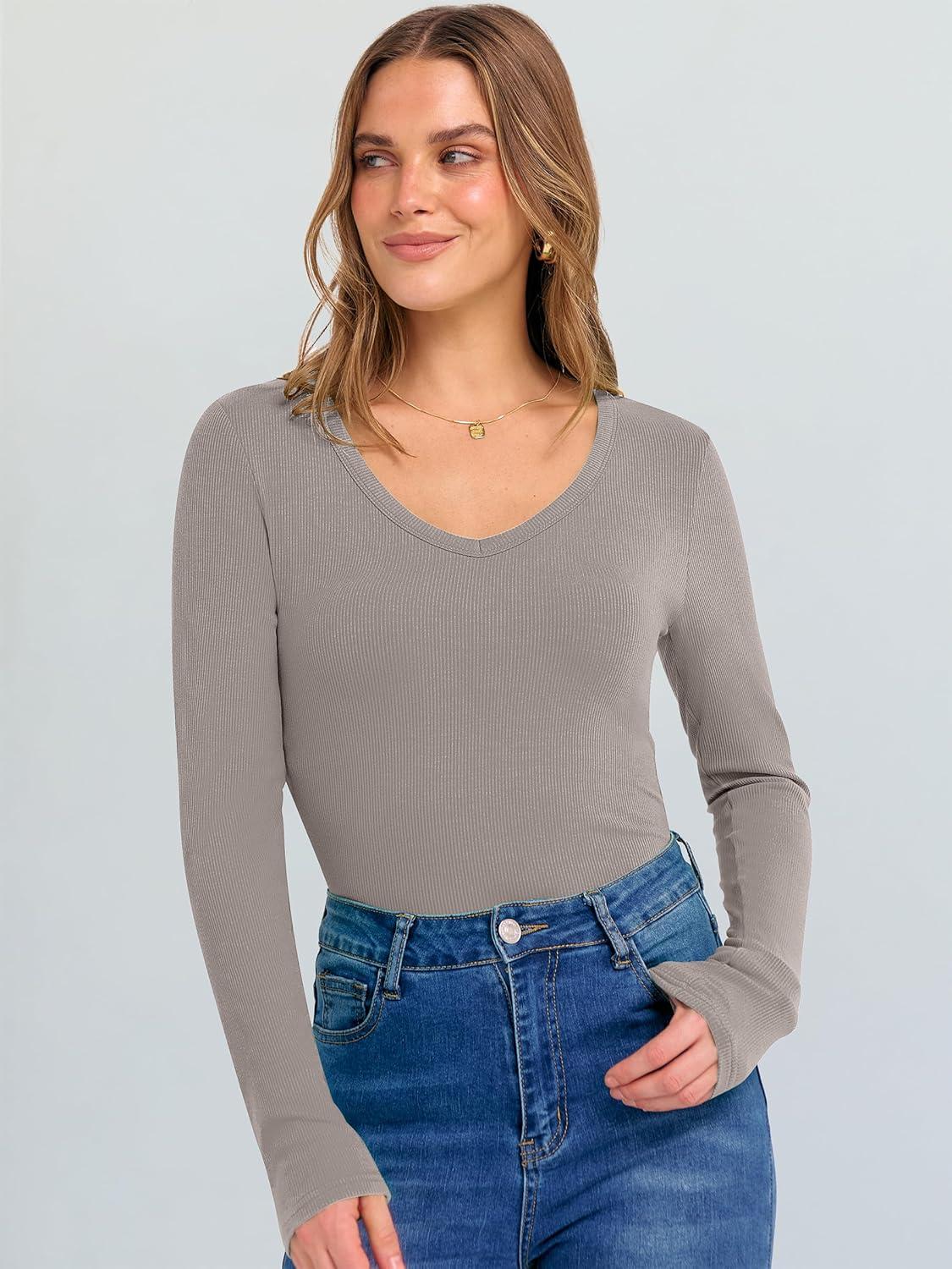 imageANRABESS Long Sleeve Shirts for Women V Neck Ribbed Knit Fitted Fall Basic Tshirts Going Out Tops 2025 Casual Trendy ClothesGray Khaki