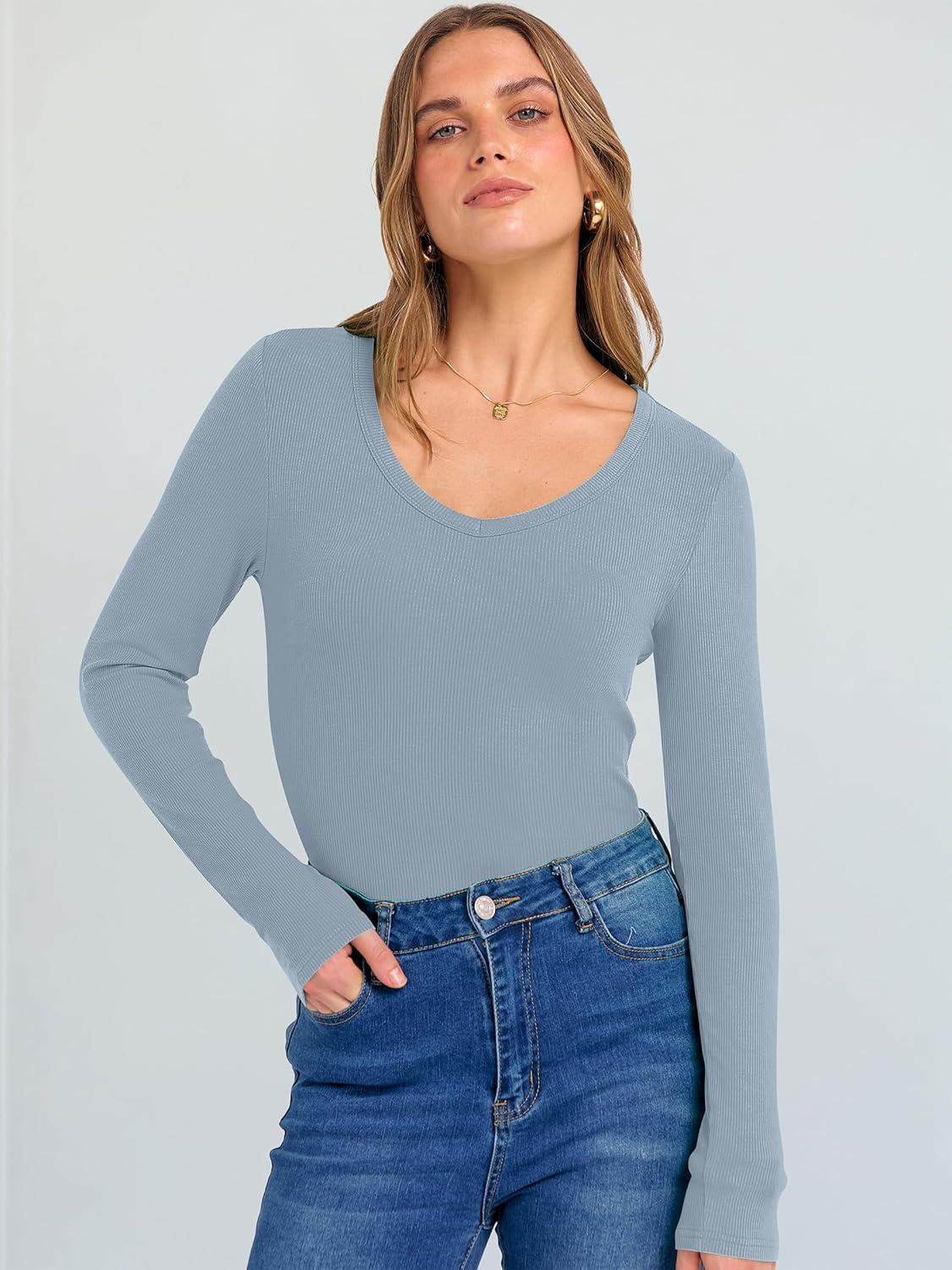 imageANRABESS Long Sleeve Shirts for Women V Neck Ribbed Knit Fitted Fall Basic Tshirts Going Out Tops 2025 Casual Trendy ClothesGrey Blue