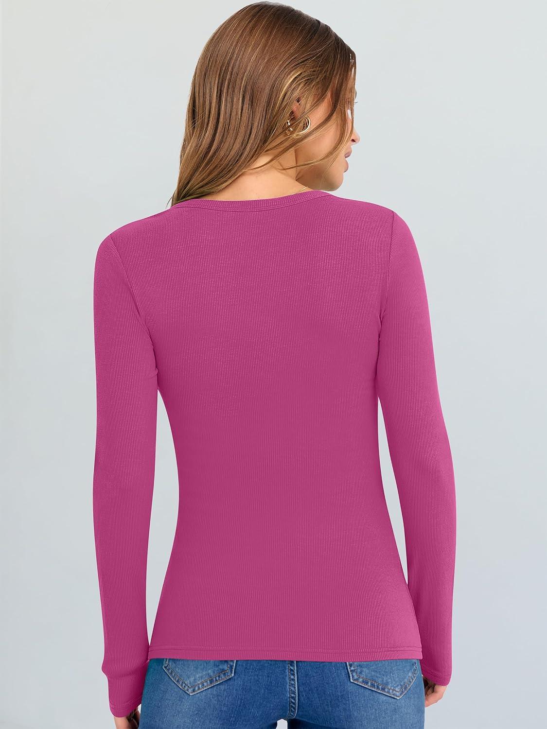 imageANRABESS Long Sleeve Shirts for Women V Neck Ribbed Knit Fitted Fall Basic Tshirts Going Out Tops 2025 Casual Trendy ClothesHot Pink