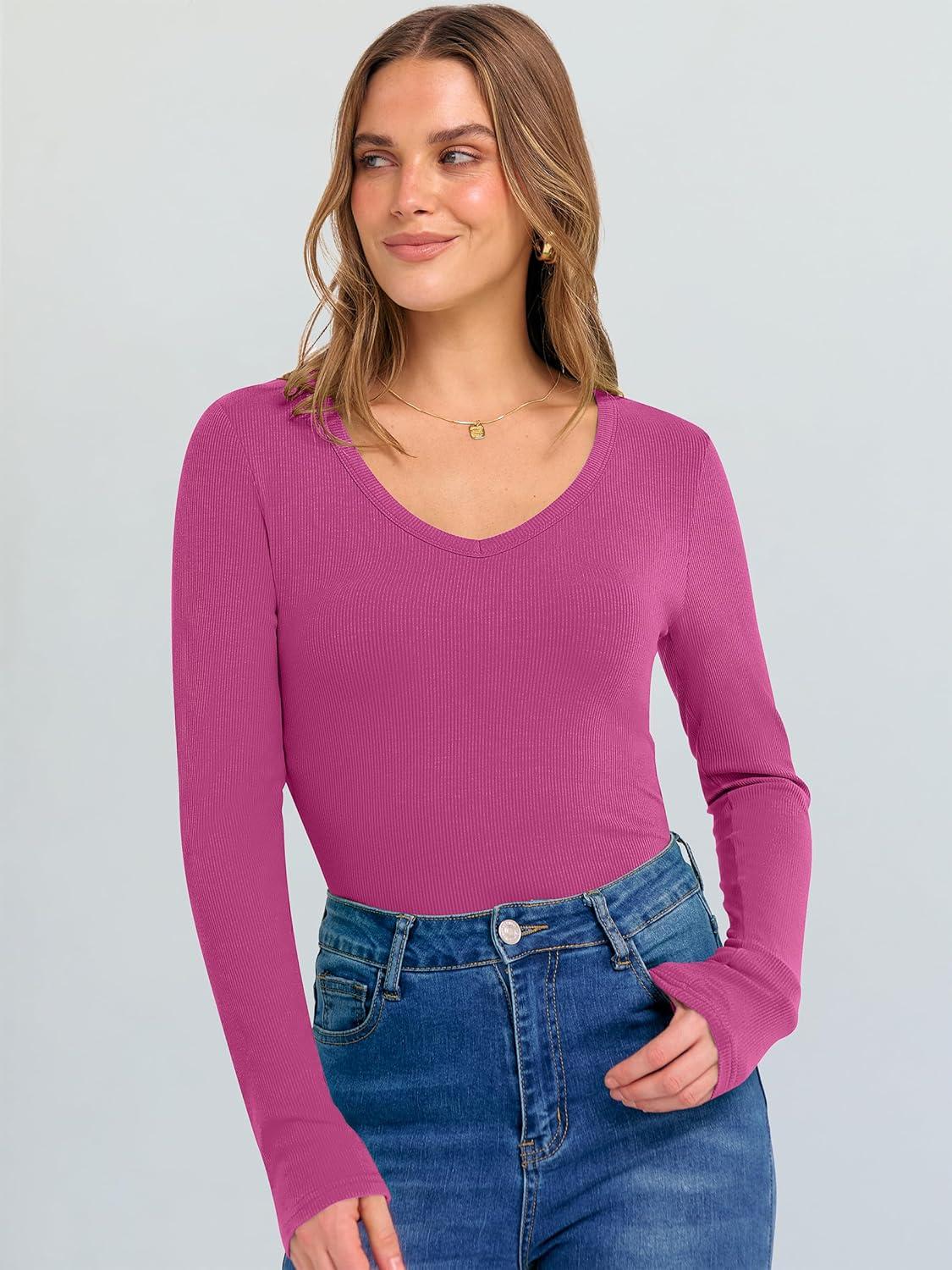 imageANRABESS Long Sleeve Shirts for Women V Neck Ribbed Knit Fitted Fall Basic Tshirts Going Out Tops 2025 Casual Trendy ClothesHot Pink