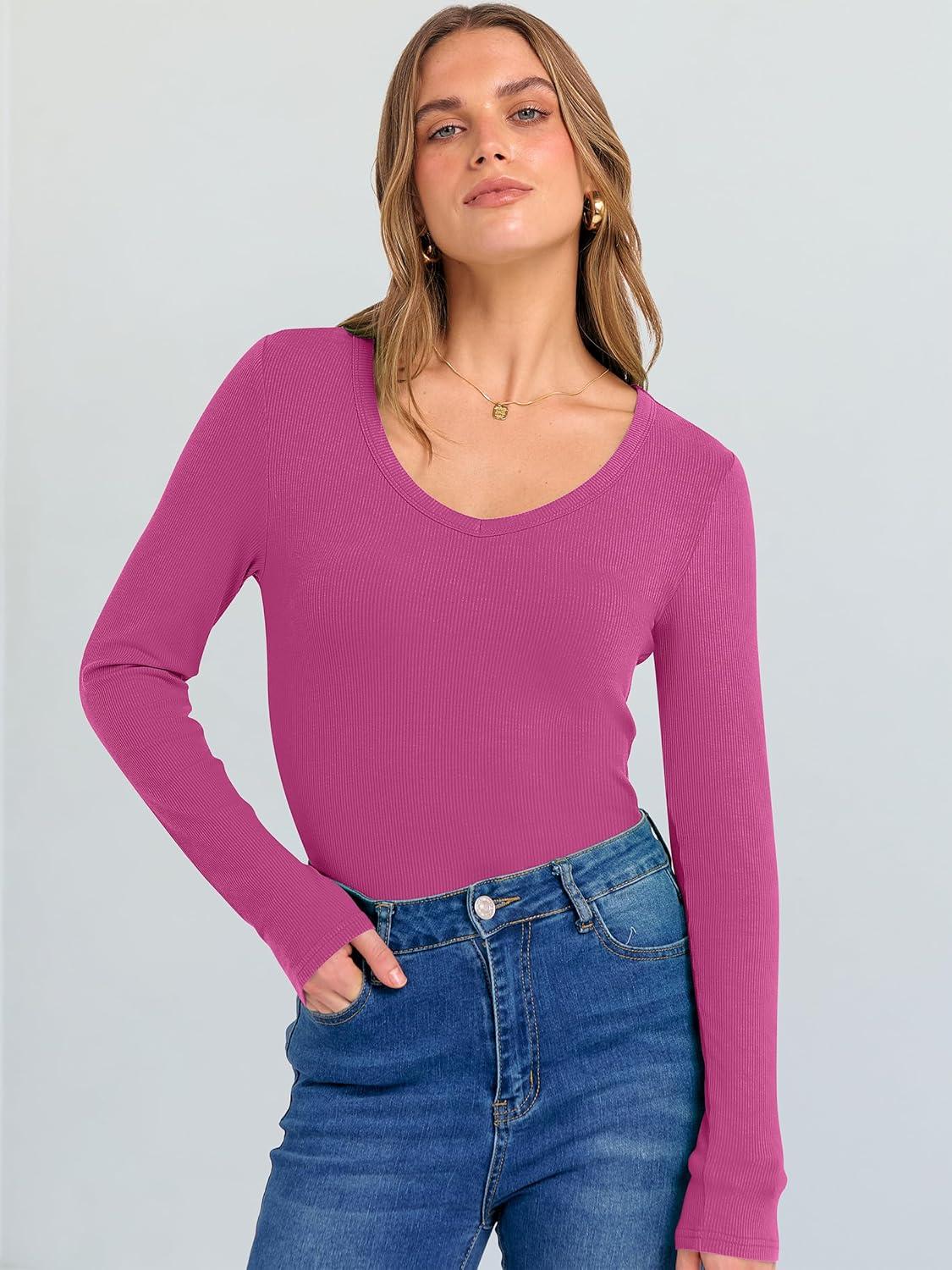 imageANRABESS Long Sleeve Shirts for Women V Neck Ribbed Knit Fitted Fall Basic Tshirts Going Out Tops 2025 Casual Trendy ClothesHot Pink