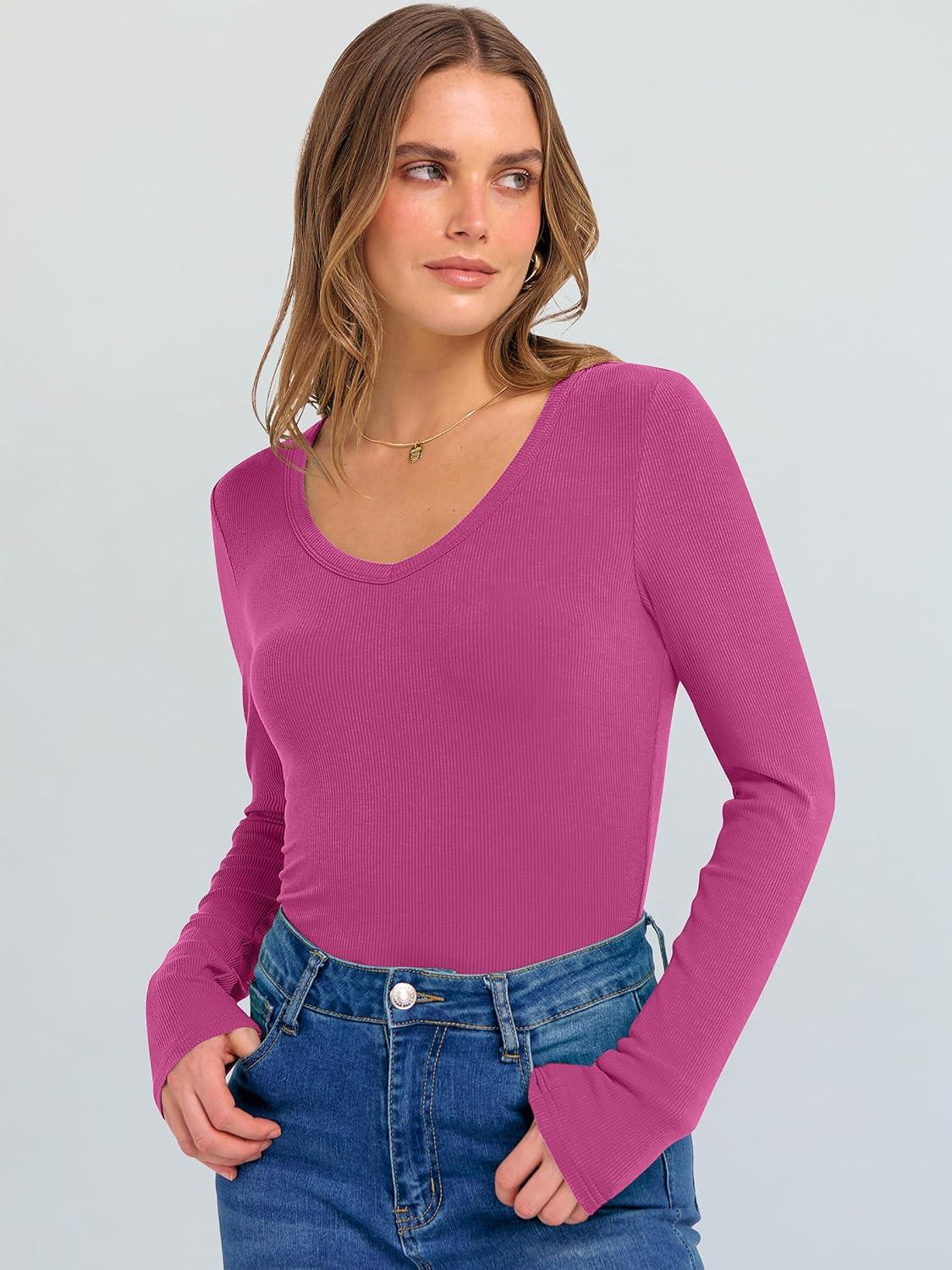 imageANRABESS Long Sleeve Shirts for Women V Neck Ribbed Knit Fitted Fall Basic Tshirts Going Out Tops 2025 Casual Trendy ClothesHot Pink